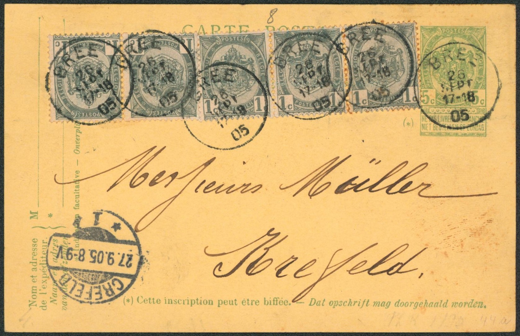 Ep au type 5ctm vert + n°53 x5 obl simple cercle "Brée" > Crefeld (Allemagne)"