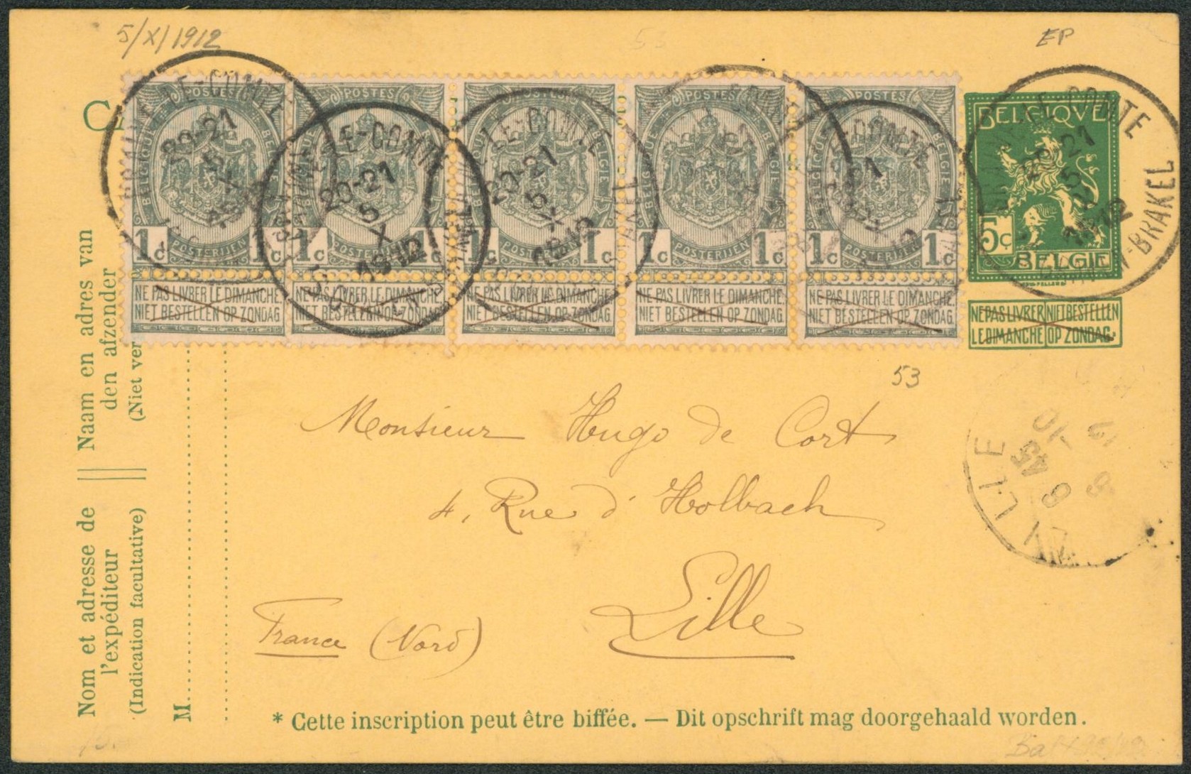 EP au type 5ctm vert (pellens) + n°53 en bande de 5 obl simpel cercle "Braine-le-comte / 'S graven-Brakel" > Lille "