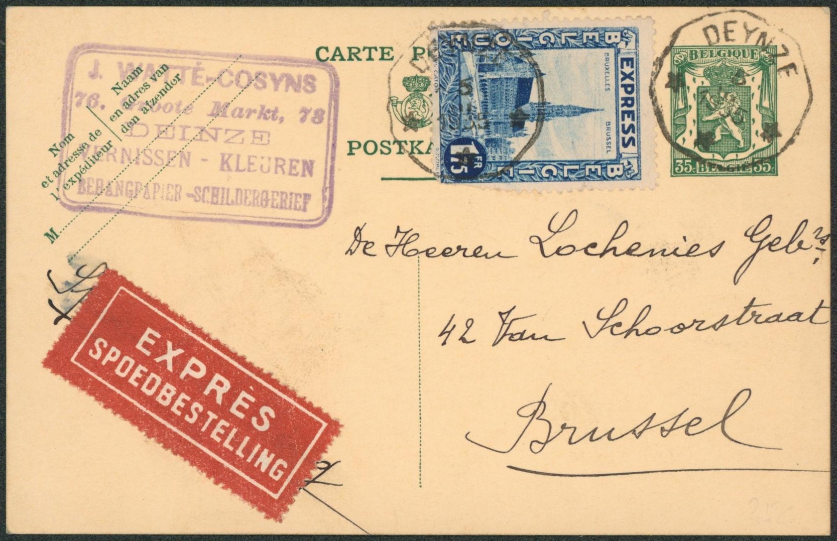 EP au type 35ctm vert petit sceau + n°292C en expres obl télégraphique "Deinze" > Brussel "