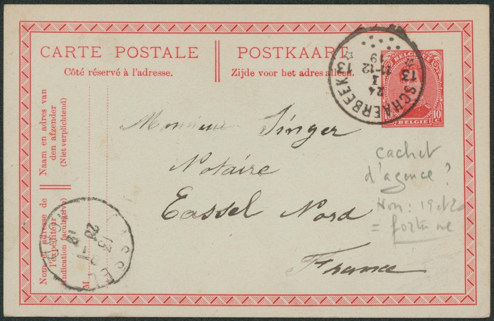 EP au type Albert I + cachet agence de fortune "Schaerbeek 13" > Cassel (France)"