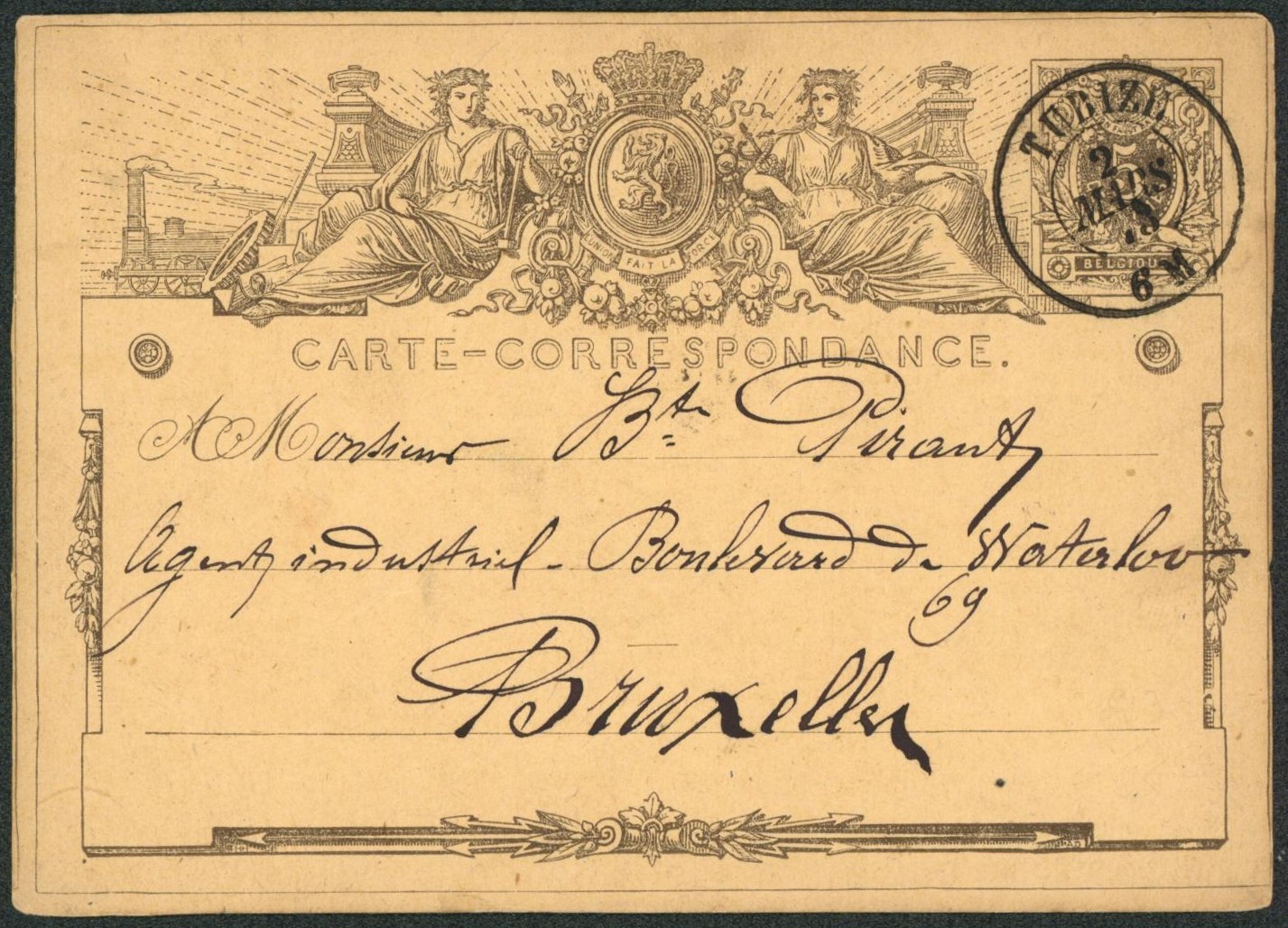 EP au type 5ctm gris obl double cercle "Tubize" > Bruxelles. Superbe "