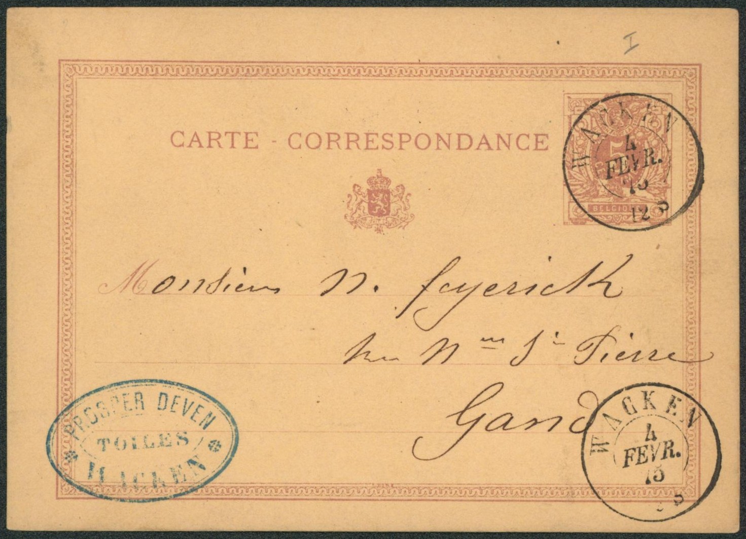 EP au type 5ctm mauve obl double cercle "Wacken" > Gand. TB "