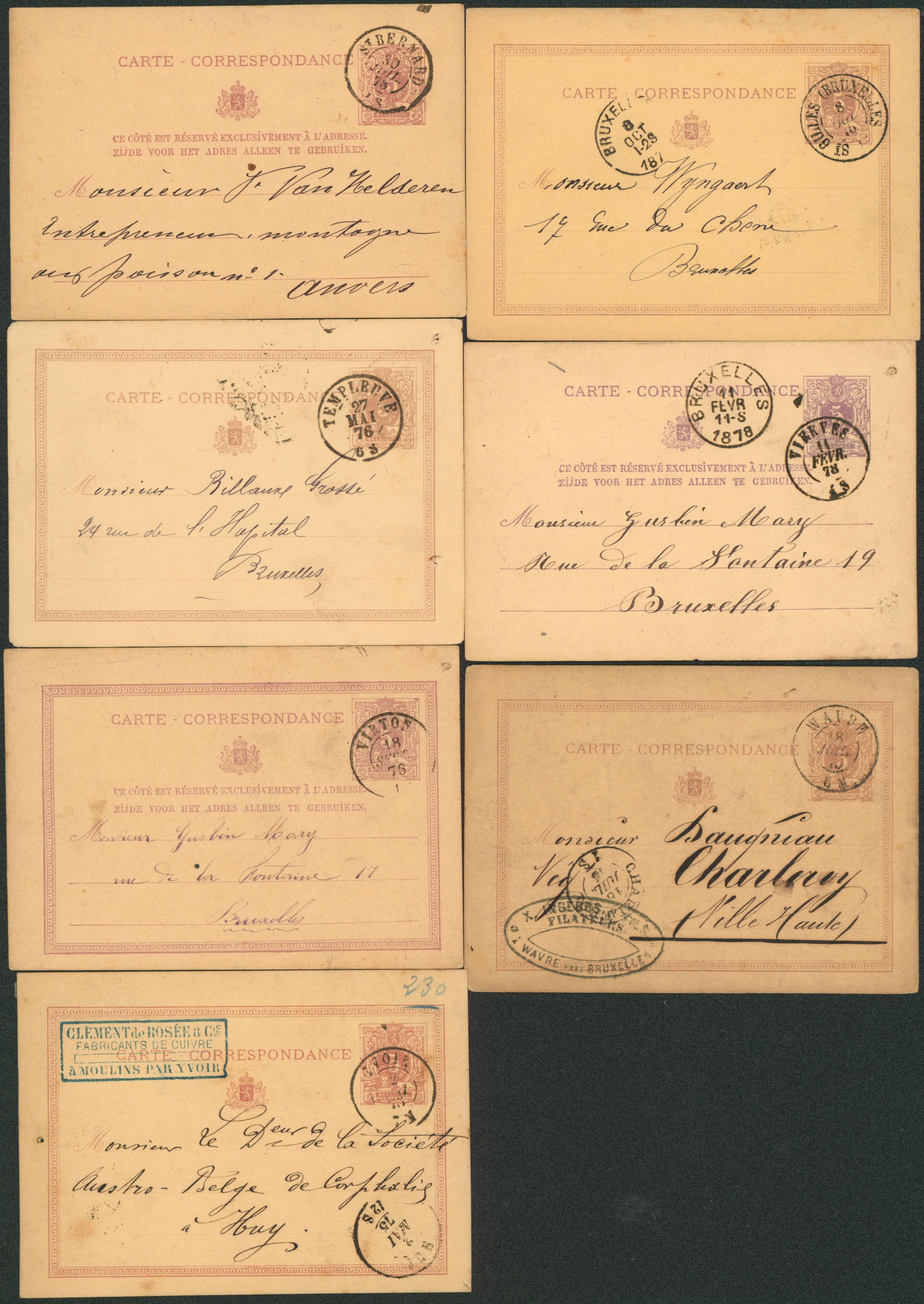 Ensemble de 7 entiers postaux type 5ctm mauve obl double cercle (sélection). TB frappe çàd St-Bernard, templeuve, vierves, Yvoir,?