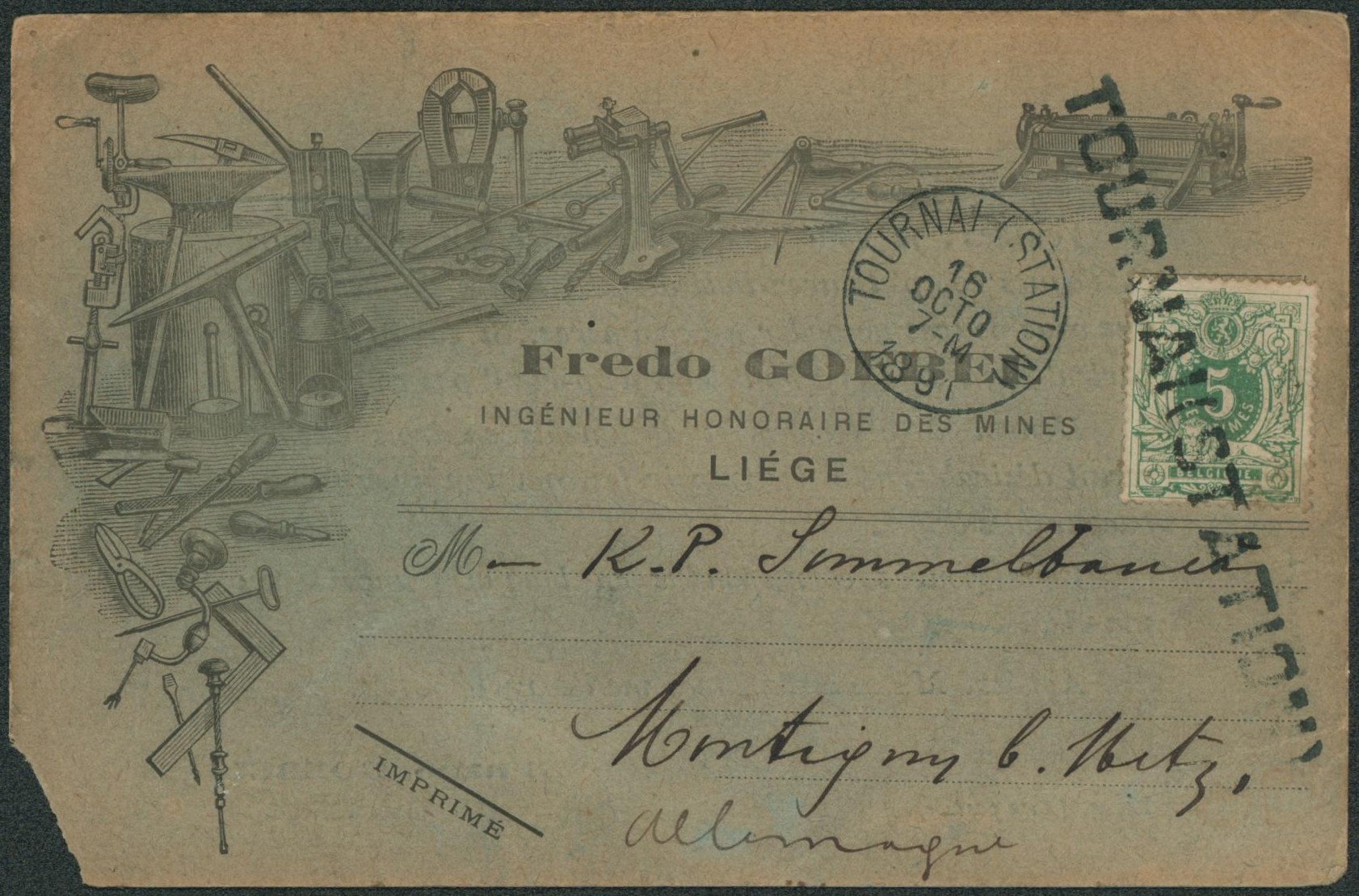 n°45 sur CP imprimée (Ingénieur des mines) annulé par grande griffe à l origine TOURNAI STATION > Montignues. Petit défaut 