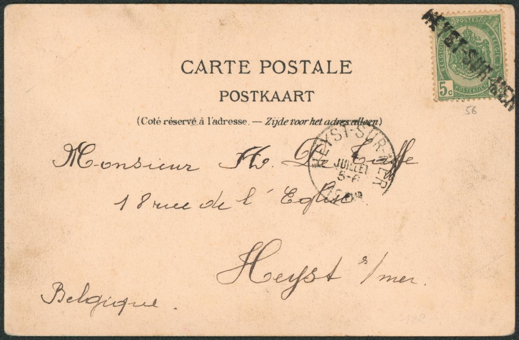 n°56 sur CP expédié > Heyst sur mer. Annulé par griffe linéaire HEYST-SUR-MER