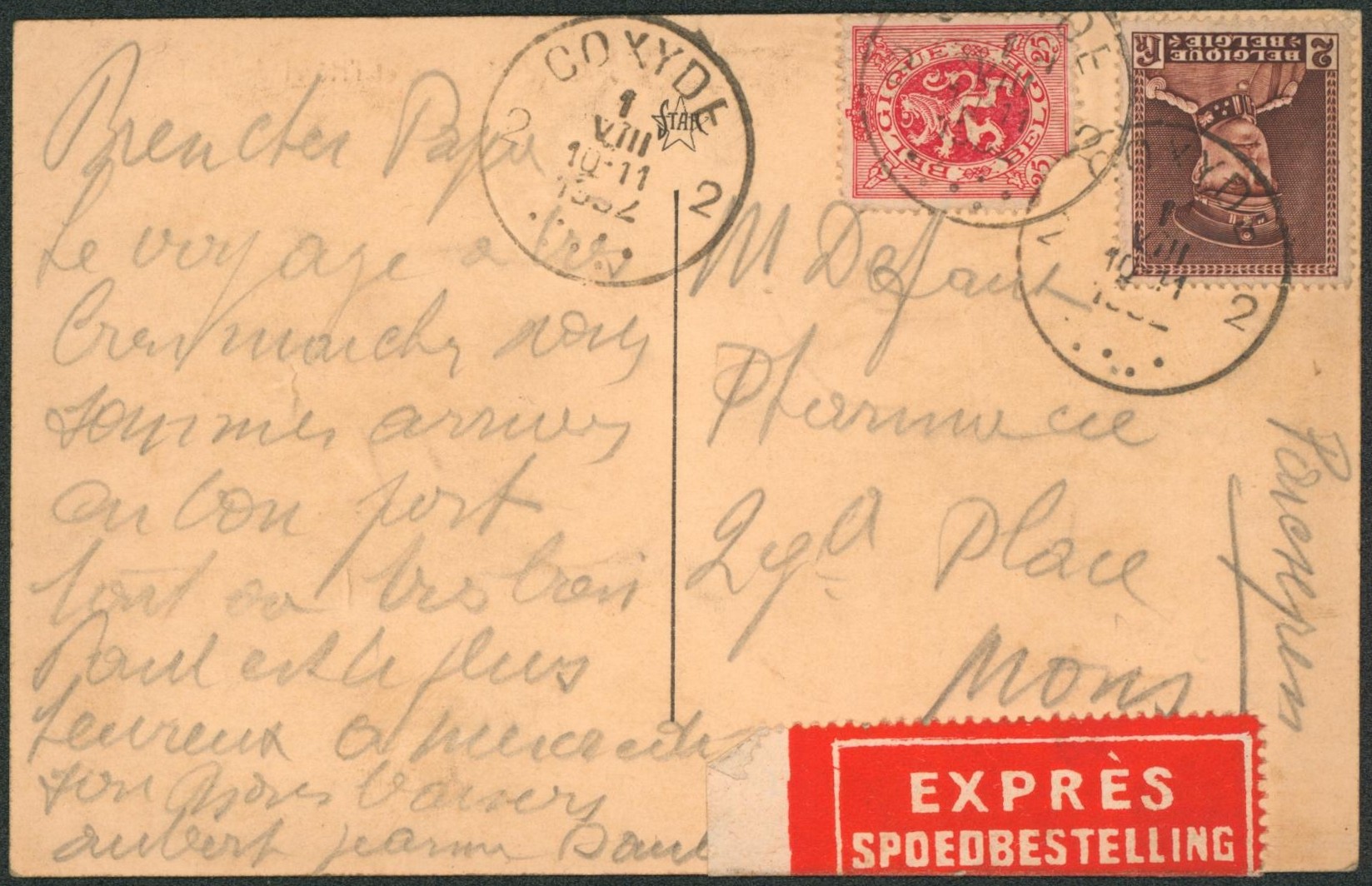 Affranch. Mixte (Képi / Lion héraldique) sur CP en expres de Coxyde 2 > Mons 