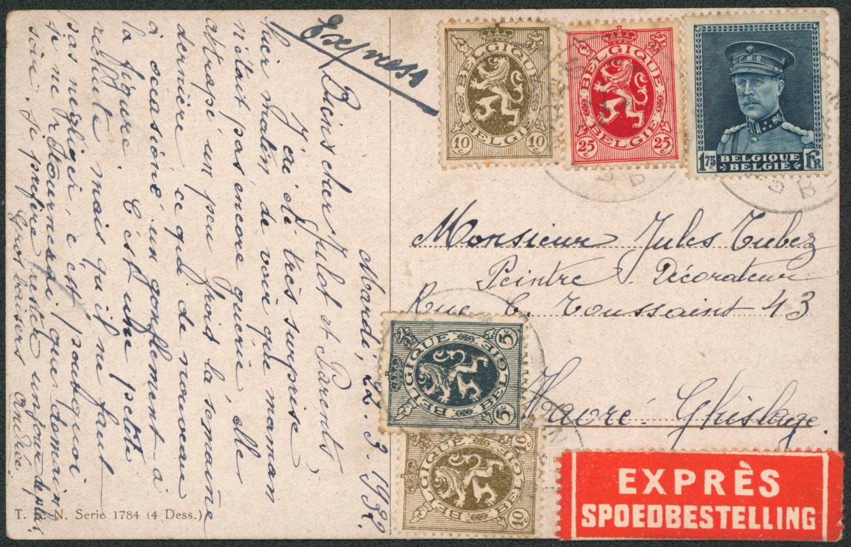 Affranch. Mixte (Képi / Lion héraldique) sur CP en expres de Mons / Bergen > Havré 