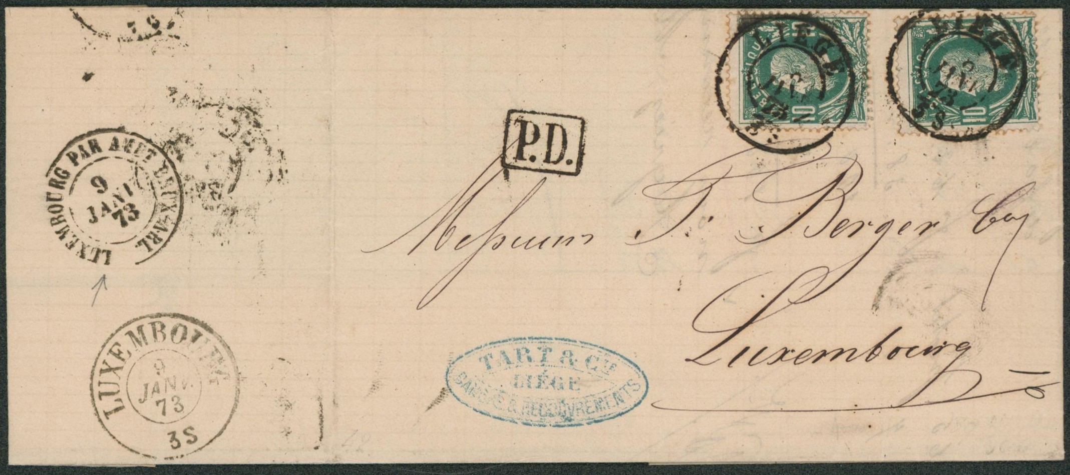 n°30 x2 sur LAC obl double cercle "Liège" (Tarif préférentiel, double port) > Luxembourg + Passage "Luxembourg par Ambt Brux. Arl.""