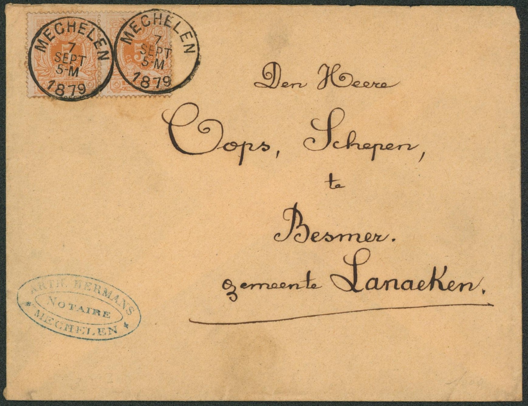 n°28 x2 sur lettre avec contenu (+ déclaration de versement) obl S.C. "Mechelen" > Lanaeken / Notaire. "