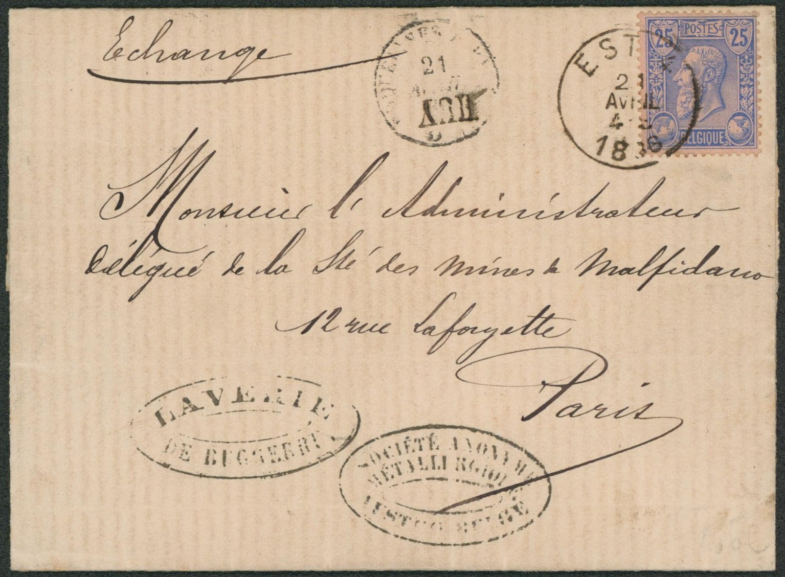 n°48 sur LAC obl ambulant "Est 4" + griffe HUY > Paris  / Lavage des minerais, corphalie. "