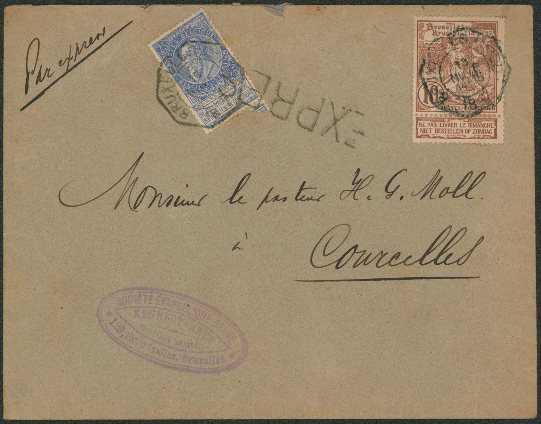 n°60 et 73 sur lettre en expres çàd griffe superposée sur le timbre, obl télégraphique "Bruxelles (Nord)" > Courcelles. TB "
