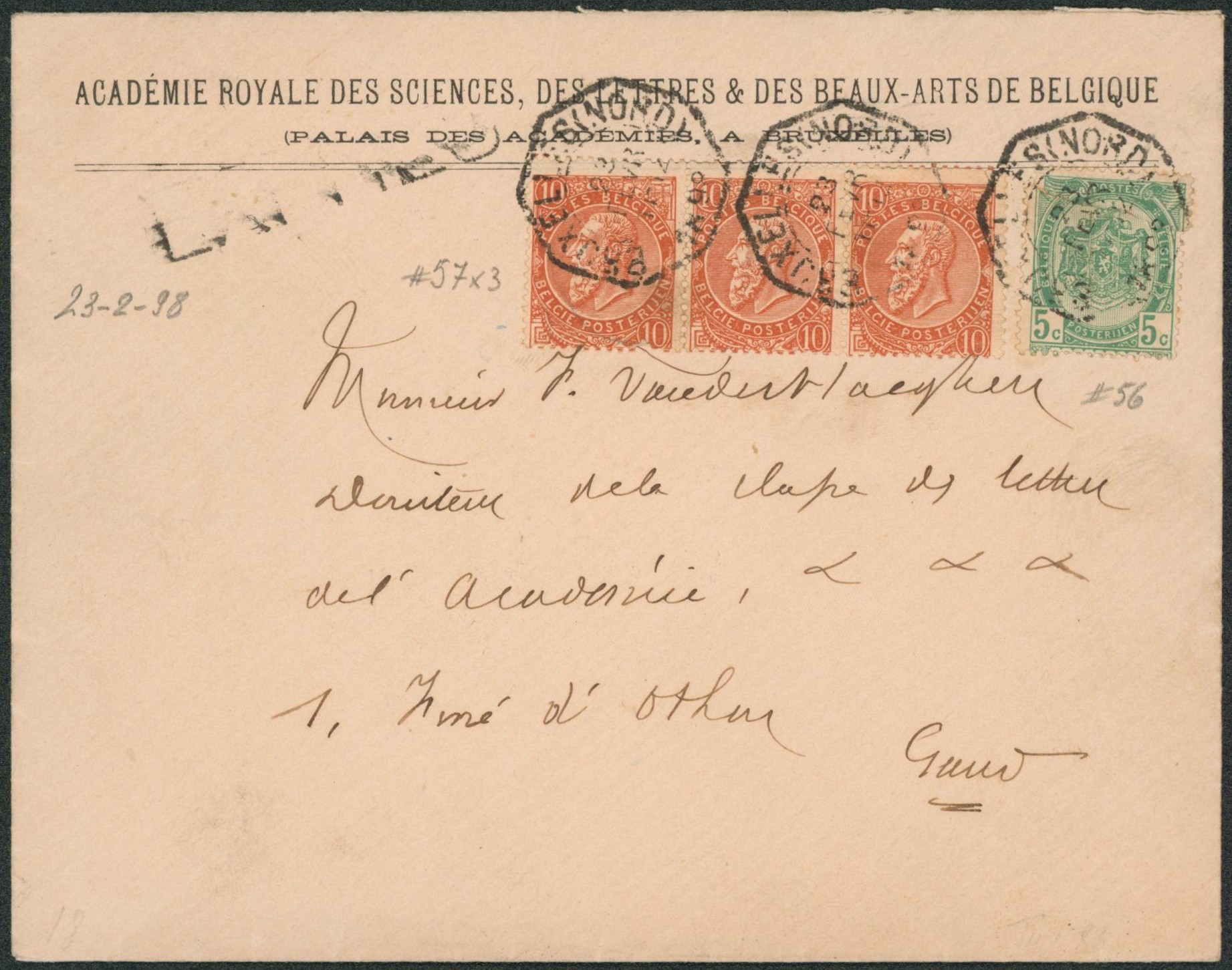 n°56 et 57 x3 sur lettre en expres obl télégraphique "Bruxelles (nord)" > Gand / Académie royale des sciences. "