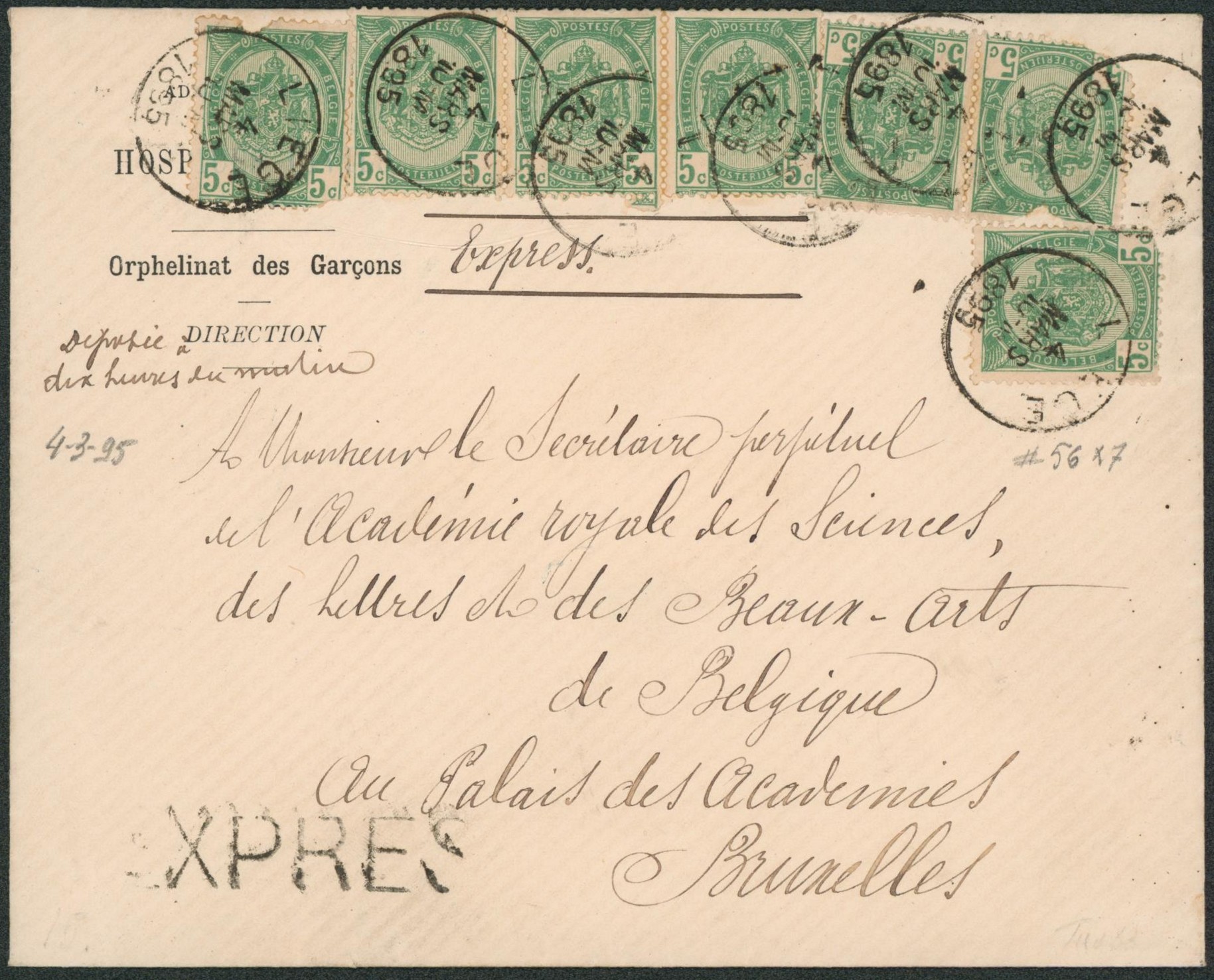 n°56 x7 (2 TP touchés) sur lettre en expres de Liège (Orphelinat des garçons) > Bruxelles. 