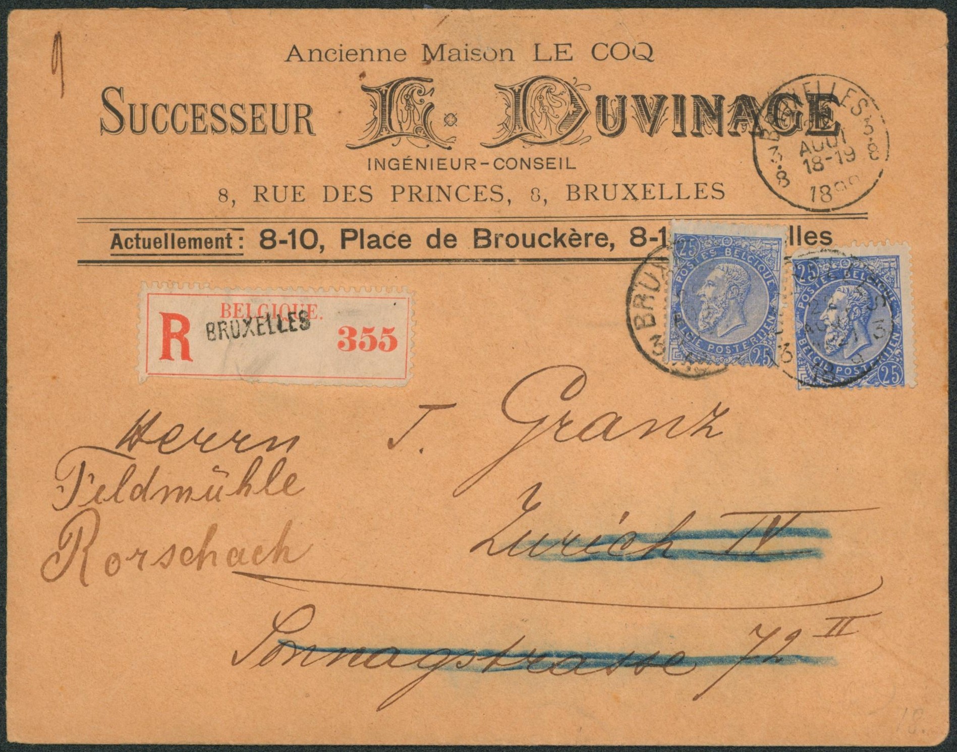 n°60 x2 sur lettre en recommandé de Bruxelles + obl à fraction "Bruxelles 3.8" > Zurich suivi Roroschach (Suisse). "