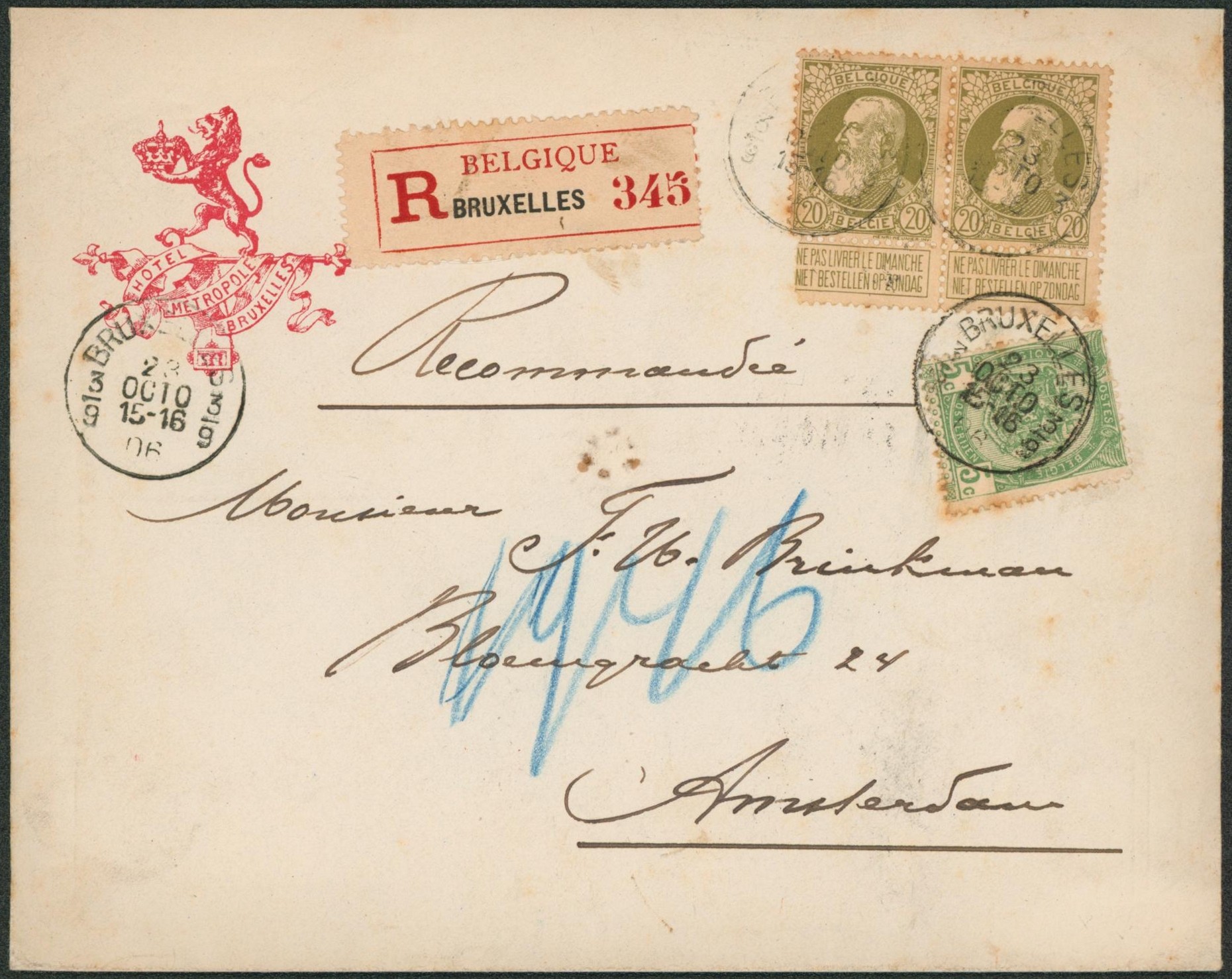 n°56 et 75 x2 sur lettre en recommandé (Hotel métropole de Bruxelles) + obl à fraction "Bruxelles 3/9" > Amsterdam"