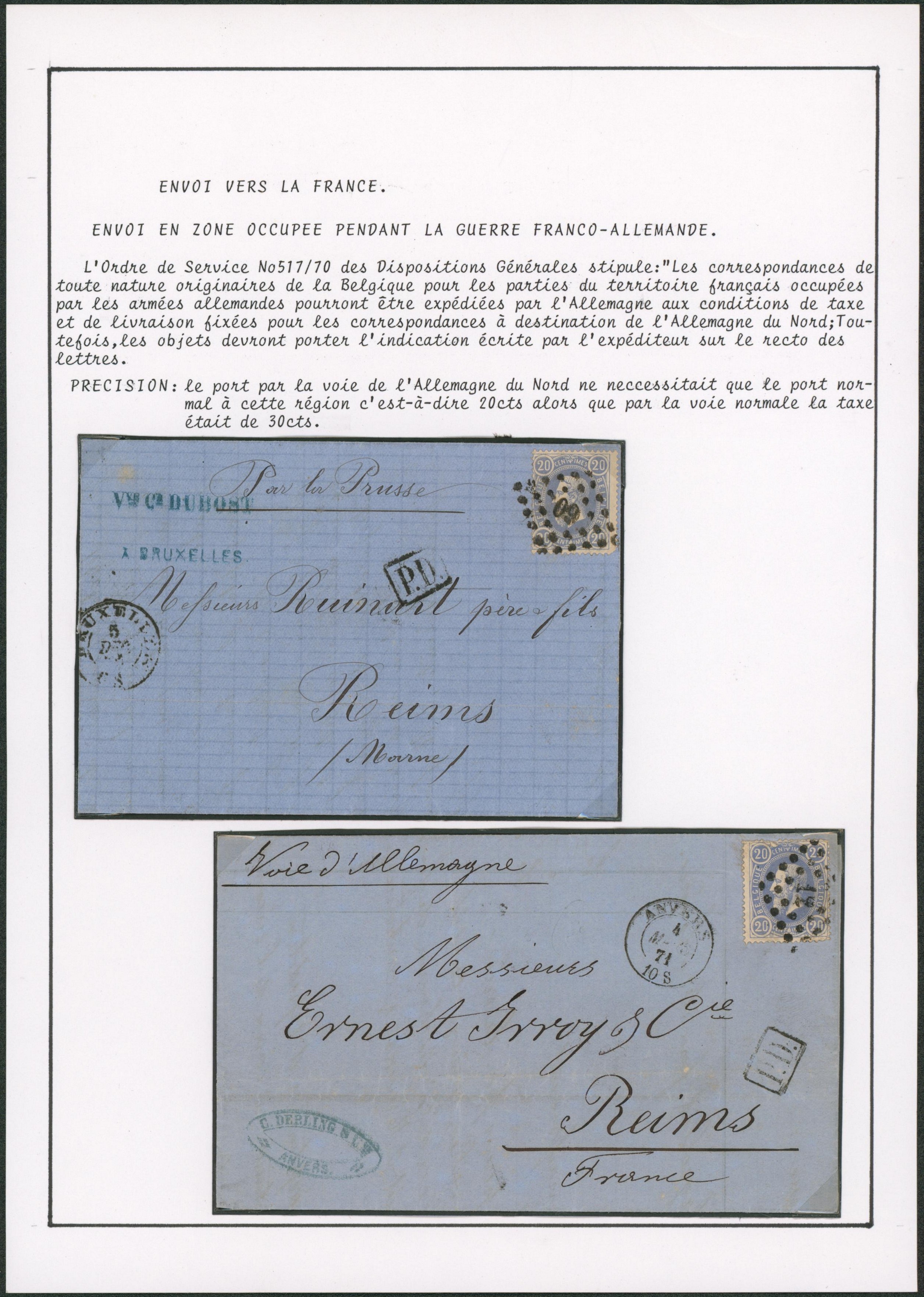 Lot de 2 Lettre + n°31 obl Pt 60 et Pt 12 > Reims (France). Voie d'Allemagne. 