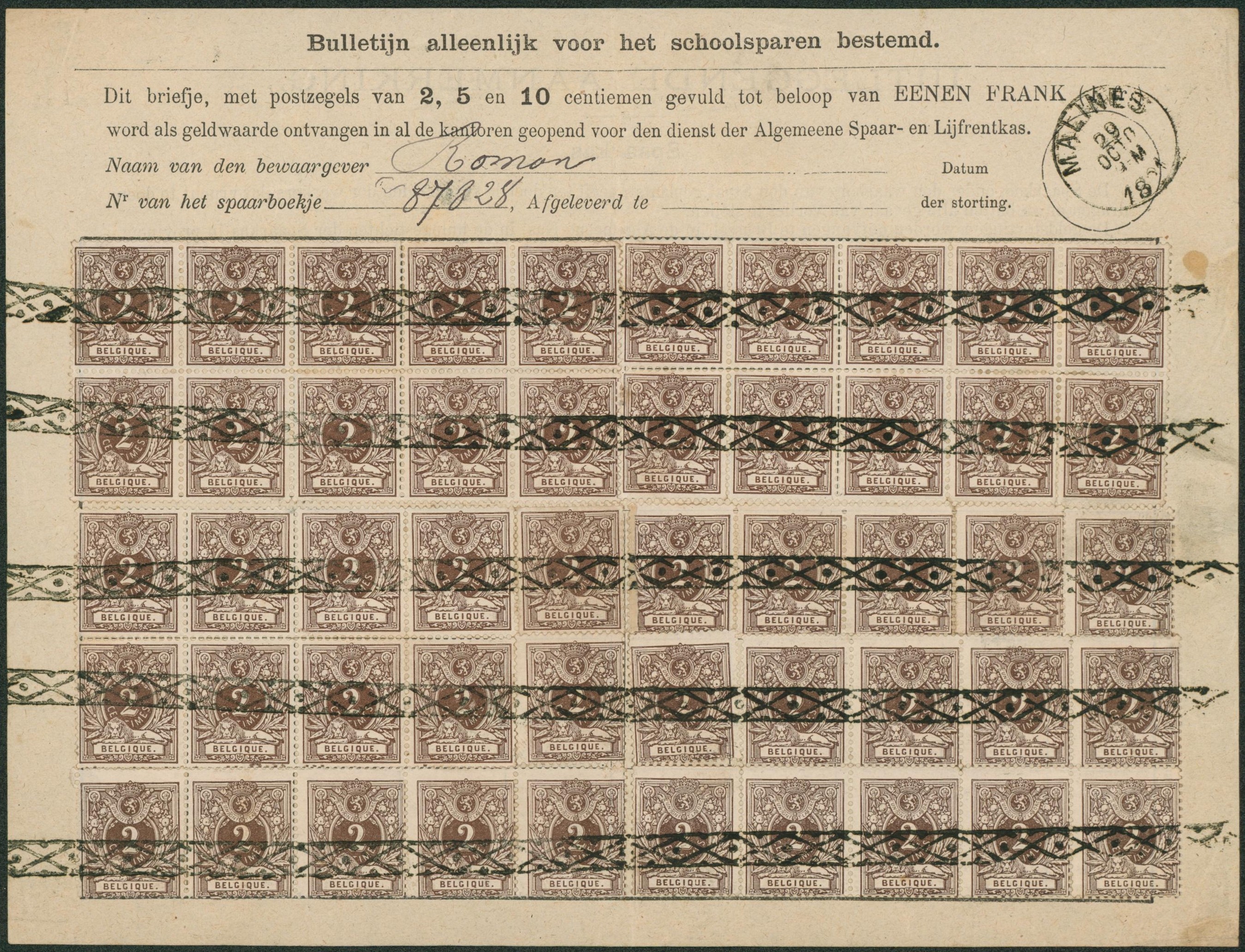 n°44 x50 sur bulletin (caisse d'épargne) bureau de Malines + annulation à la roulette. TB 