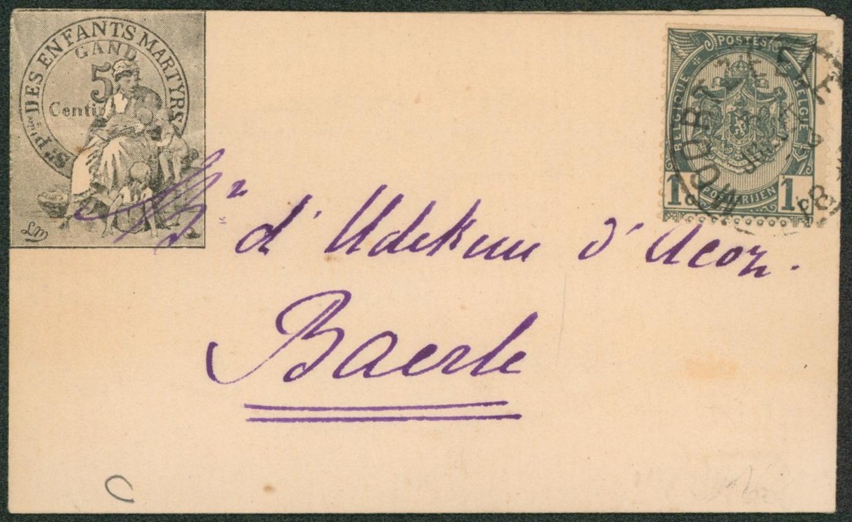 n°53 sur petite enveloppe format CDV vendue 5ctm au profit des enfants martyrs, Moortzeele > Baerle