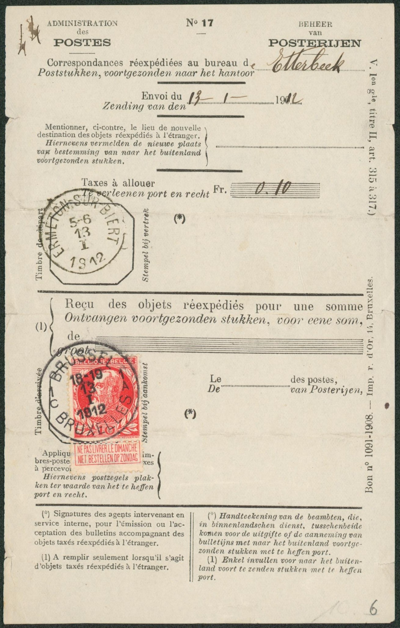 n°74 sur bordereau administration des postes (correspondance réexpédiée) Ermeton-sur-Biert > Bruxelles (Etterbeek). 