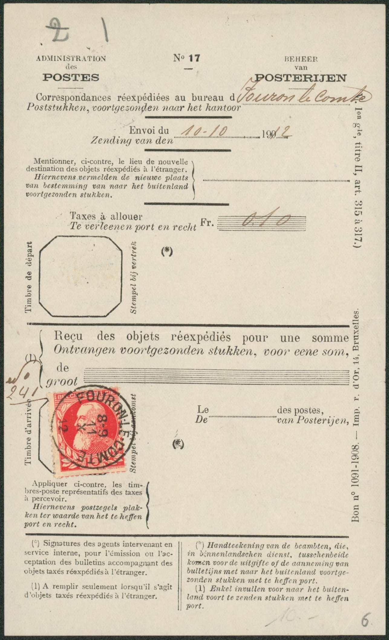n°74 sur bordereau administration des postes (correspondance réexpédiée) çàd obl S.C. "Fourron-le-comte""