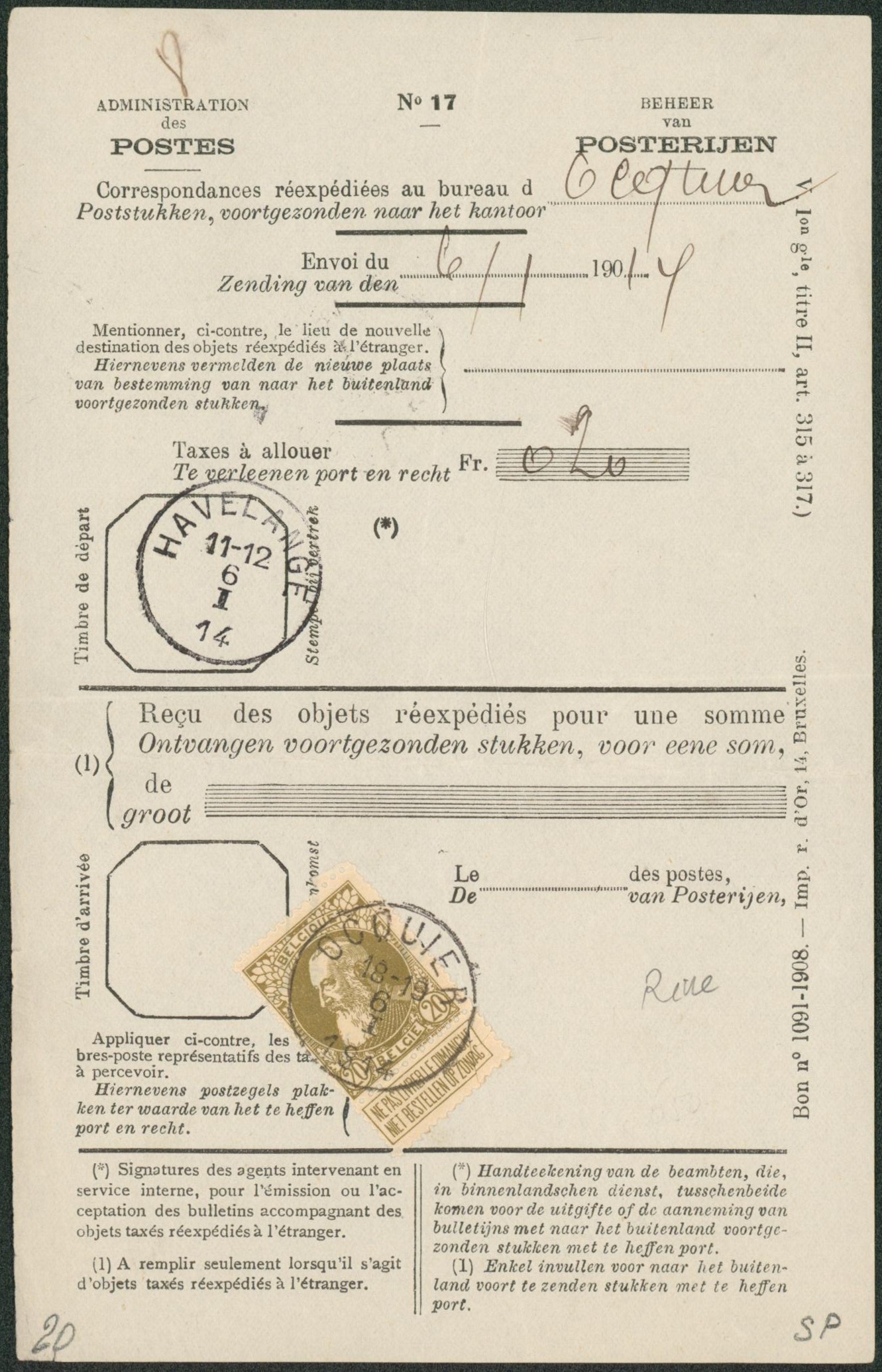 n°75 sur bordereau administration des postes (correspondance réexpédiée) Havelange > Ocquier