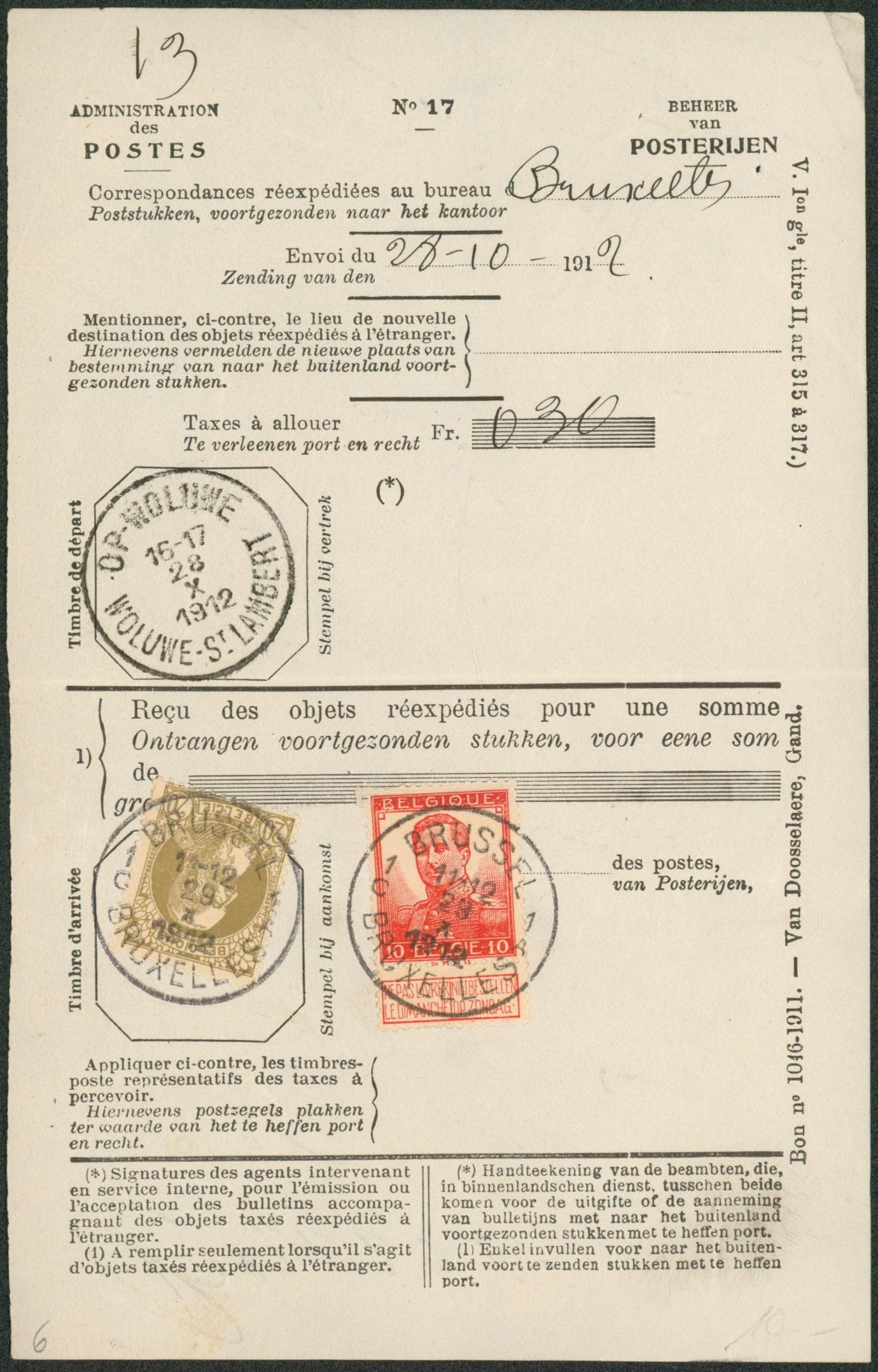 n°75 + 111 sur bordereau administration des postes (correspondance réexpédiée) Woluwé-St-Lambert > Bruxelles