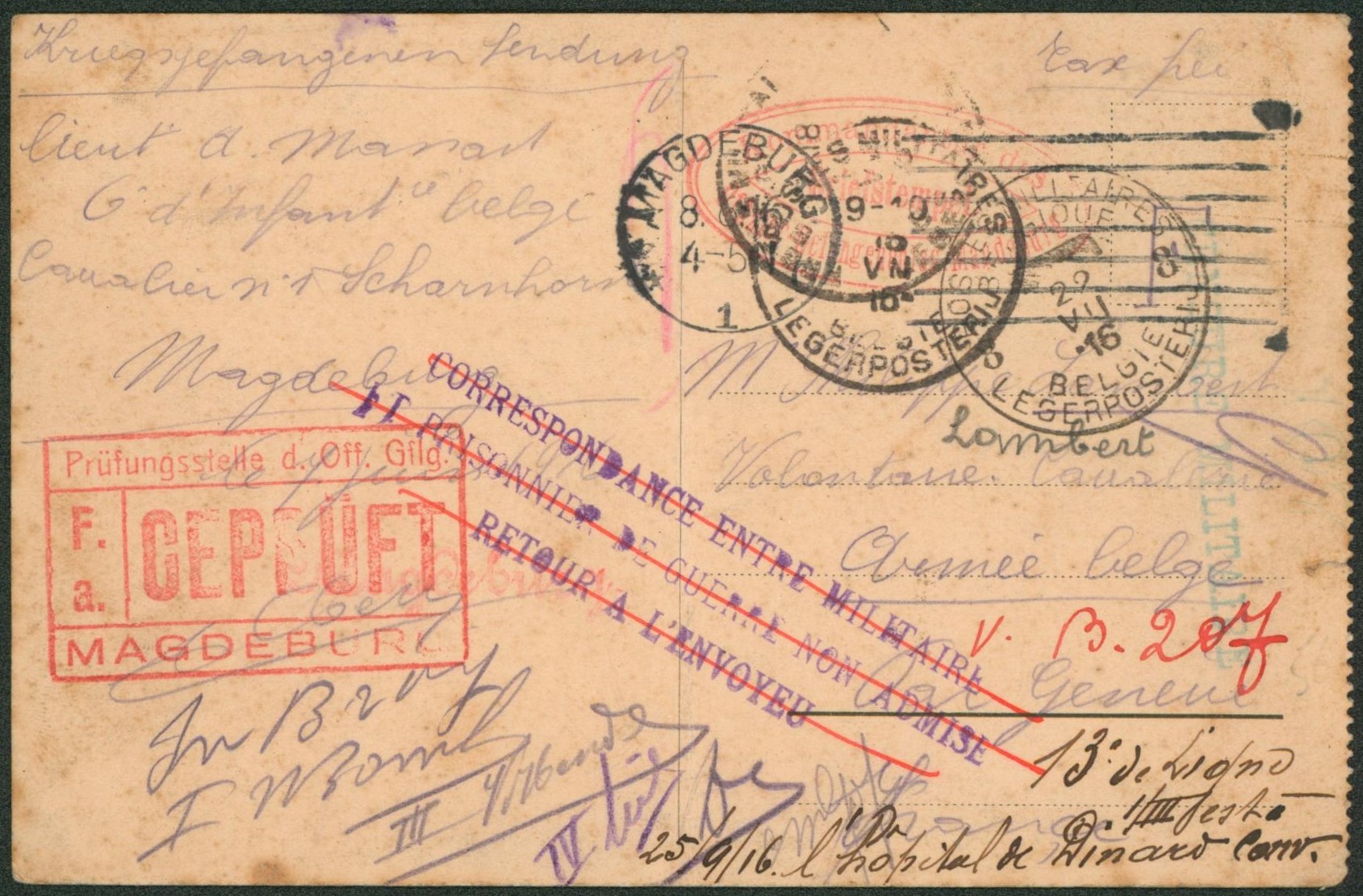 CP "Kriegsgefangenensendun" expédié du camp de Magdeburg (Prisonnier) > Armée Belge çàd obl P.M.B. 8 + griffe CORRESPONDANCE ENTRE MILITAIRE PRISONNIER DE FUERRE NON ADMISE RETOUR A L ENVOYEUR. Biffé en rouge, suivi B 207"