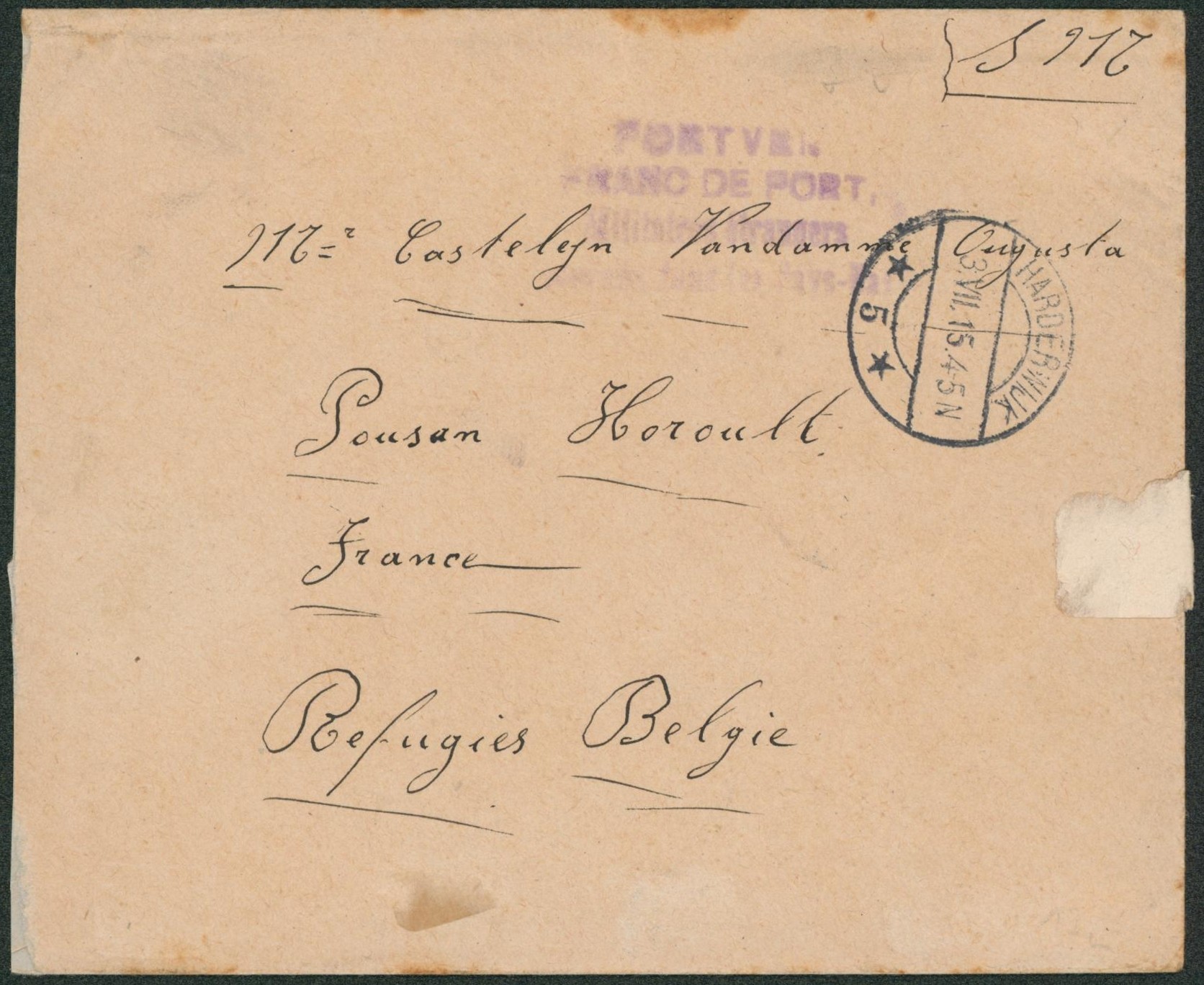 Lettre en S.M. expédié du camp de Harderwijk (prisonnier belge) > Refugié belge en France