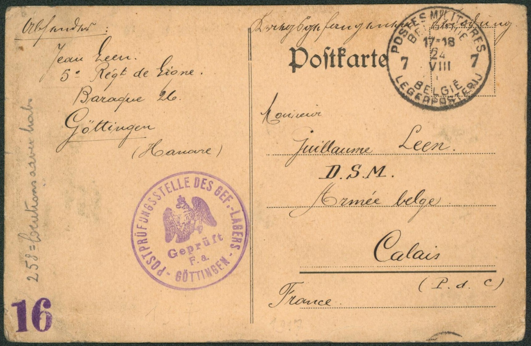 CP "Kriegsgefangenensendun" expédié du camp de Gottingen (Prisonnier) > Armée Belge à Calais çàd obl P.M.B. 7 "