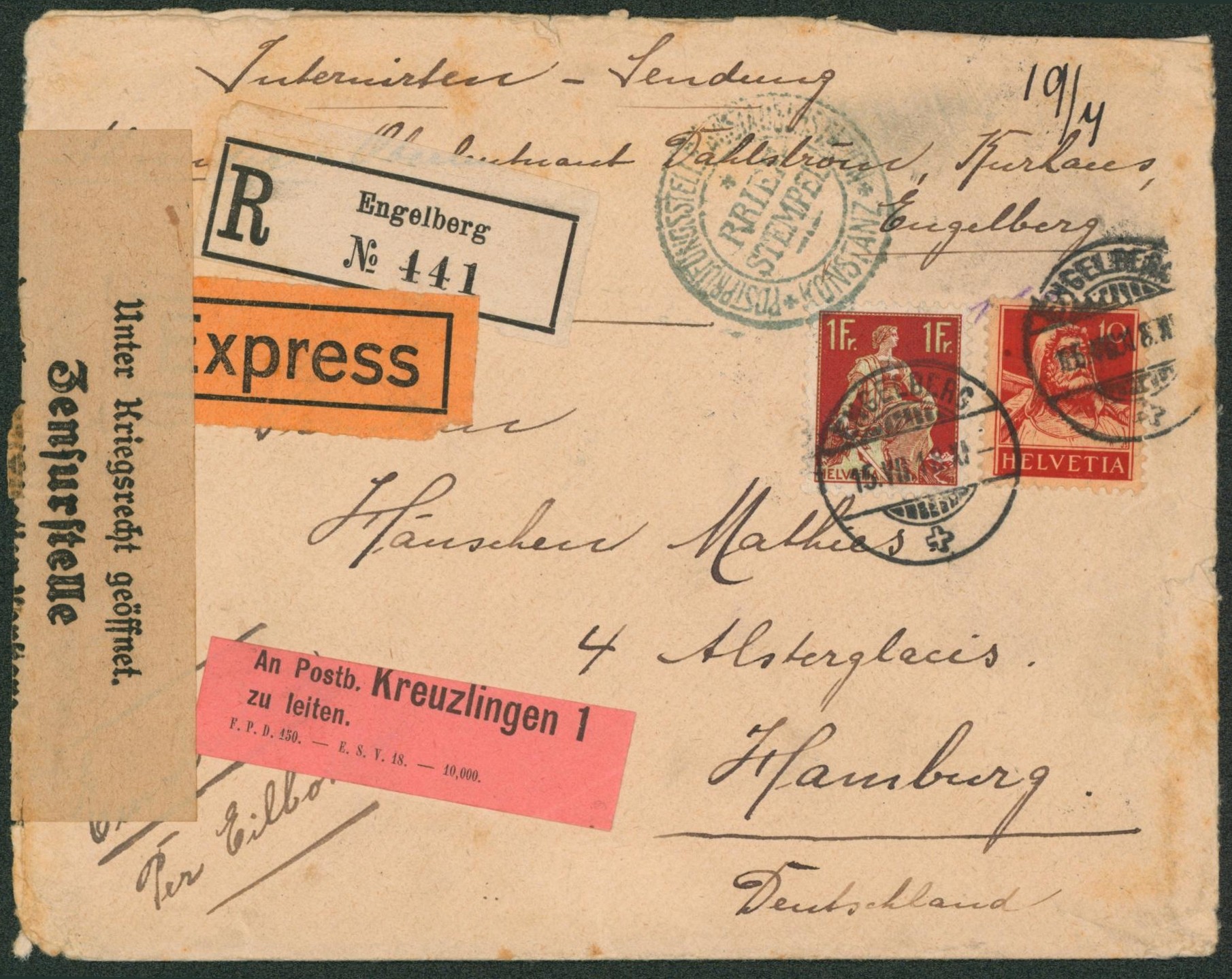 Interné en Suisse - Affranch. À 1F10 sur lettre en recommandé / expres de Engelberg (1918) + Briefstempel & bandelette de censure > Hamburg (Allemande). 