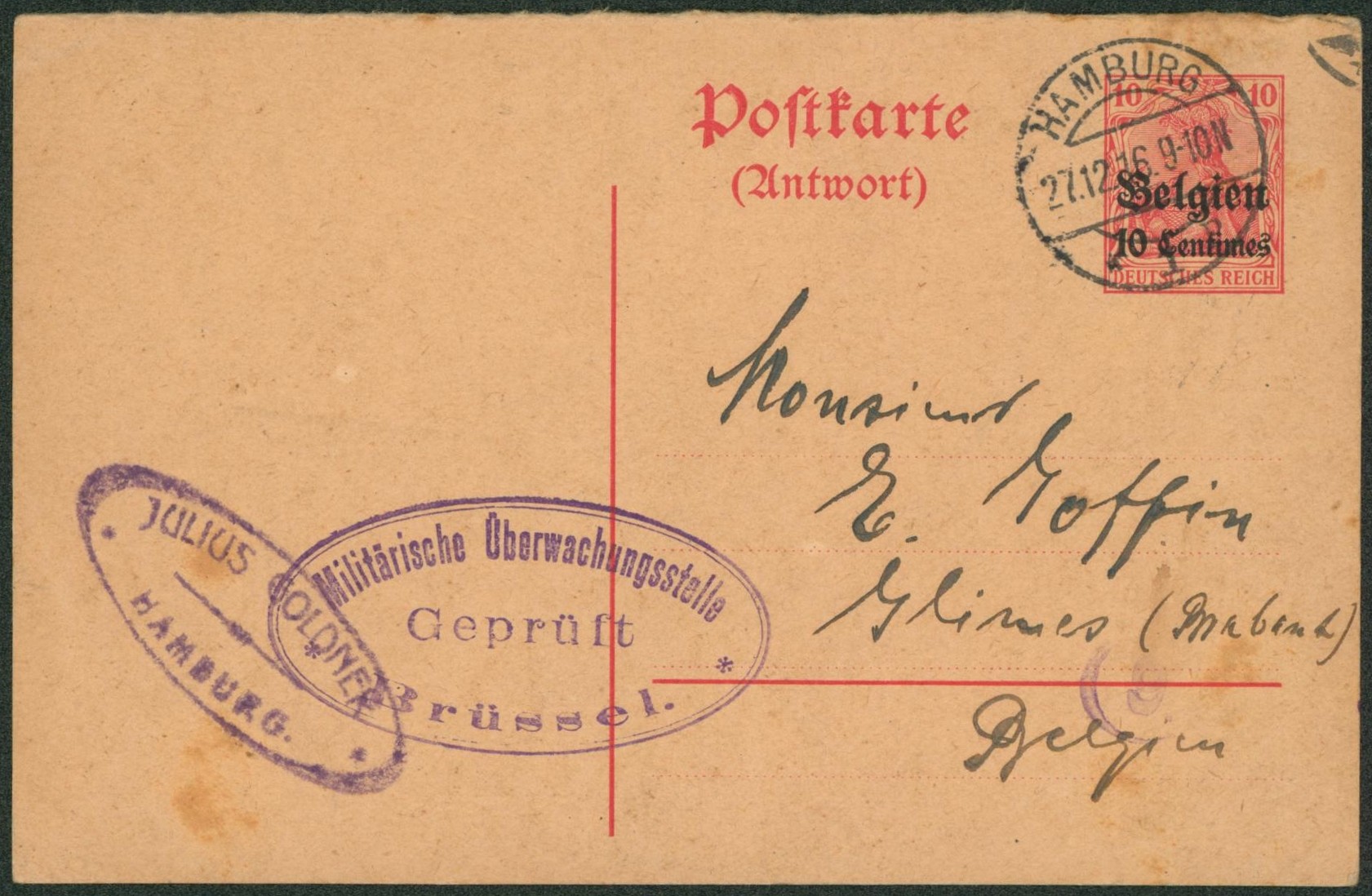 EP au type 10ctm rouge occupation (partie réponse) + cachet allemand "Hamburg" > Glimes "