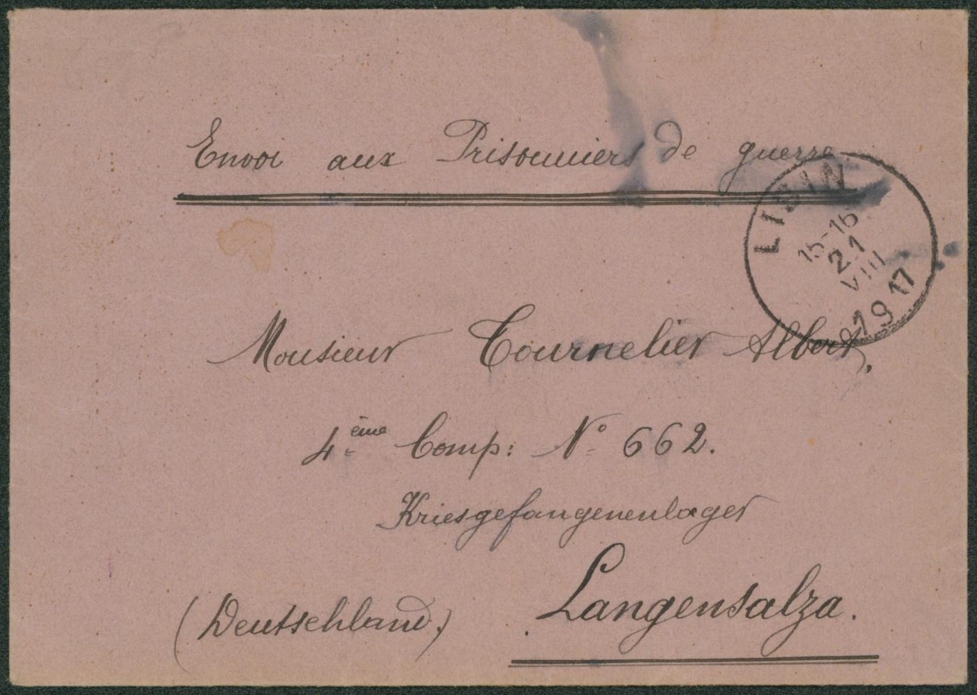 Petite enveloppe en franchise expédié de Libin > Prisonnier au camp de Langensalza (Allemagne) 
