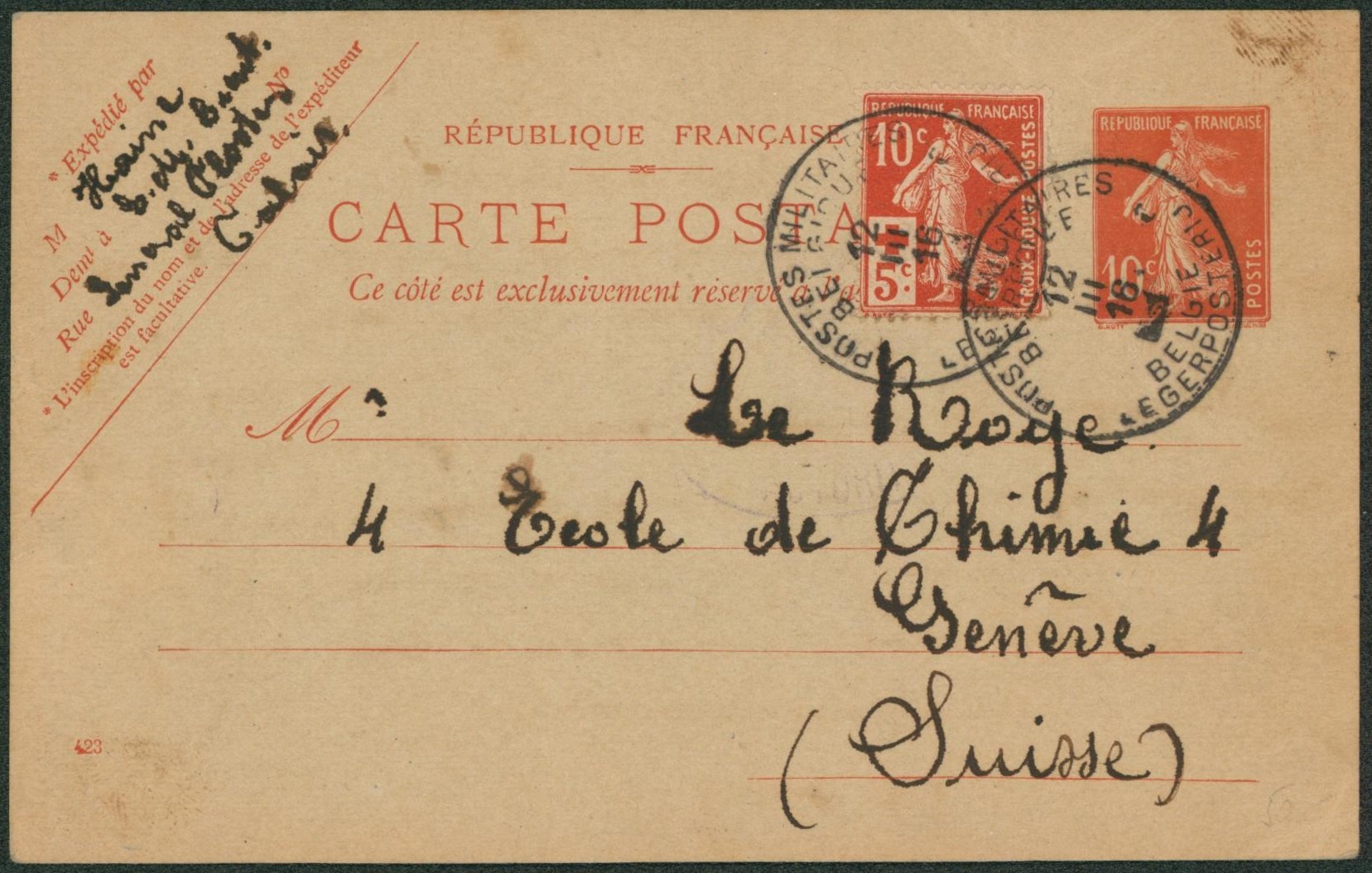 EP au type 10ctm rouge Semeuse + Yv n°147 expédié de Calais çàd Obl P.M.B. > Genève. Texte