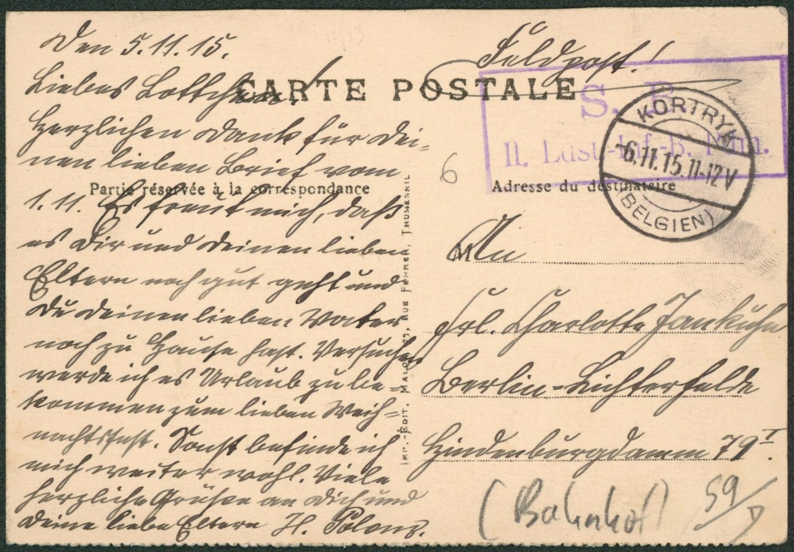 CP en feldpost + cachet à pont "Kortrijk" et griffe de régiment > L'Allemagne. "