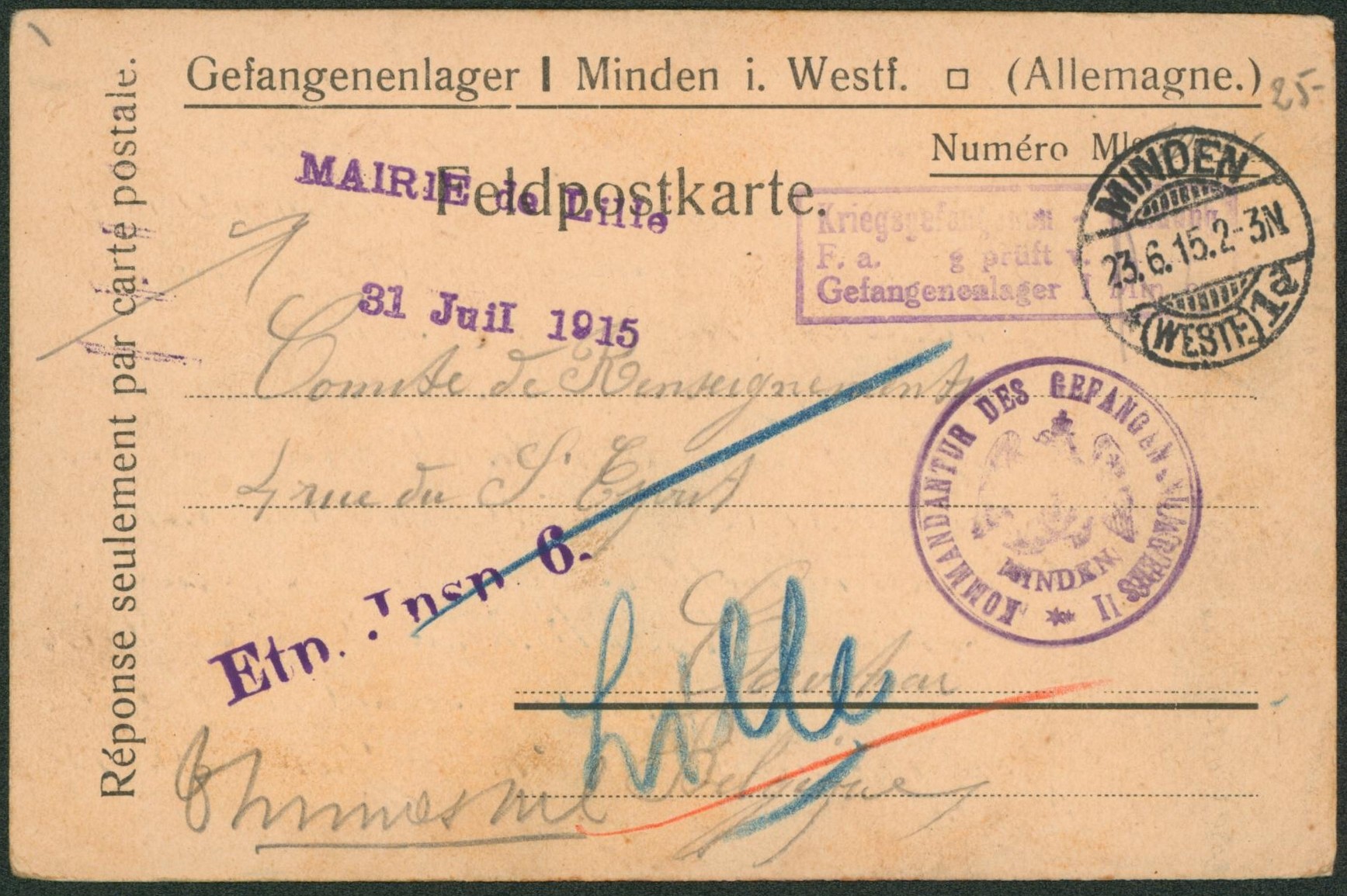 Feldpostkarte du camp de Minden (Allemagne) + griffe Etp. Insp. 6 > Courtrai redirgié vers Lille çàd Mairie de Lille. 6e armée
