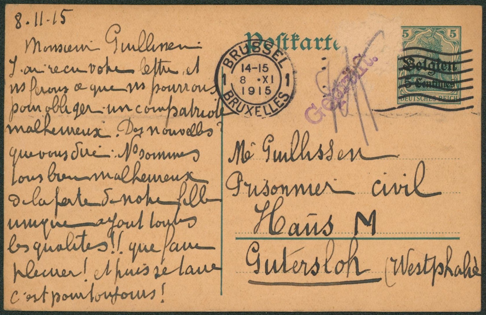 EP au type 3ctm vert occupation, timbre arraché par la censure çàd paraphe + griffe Gepruft, expédié de Bruxelles > Gutersloh (Allemagne)