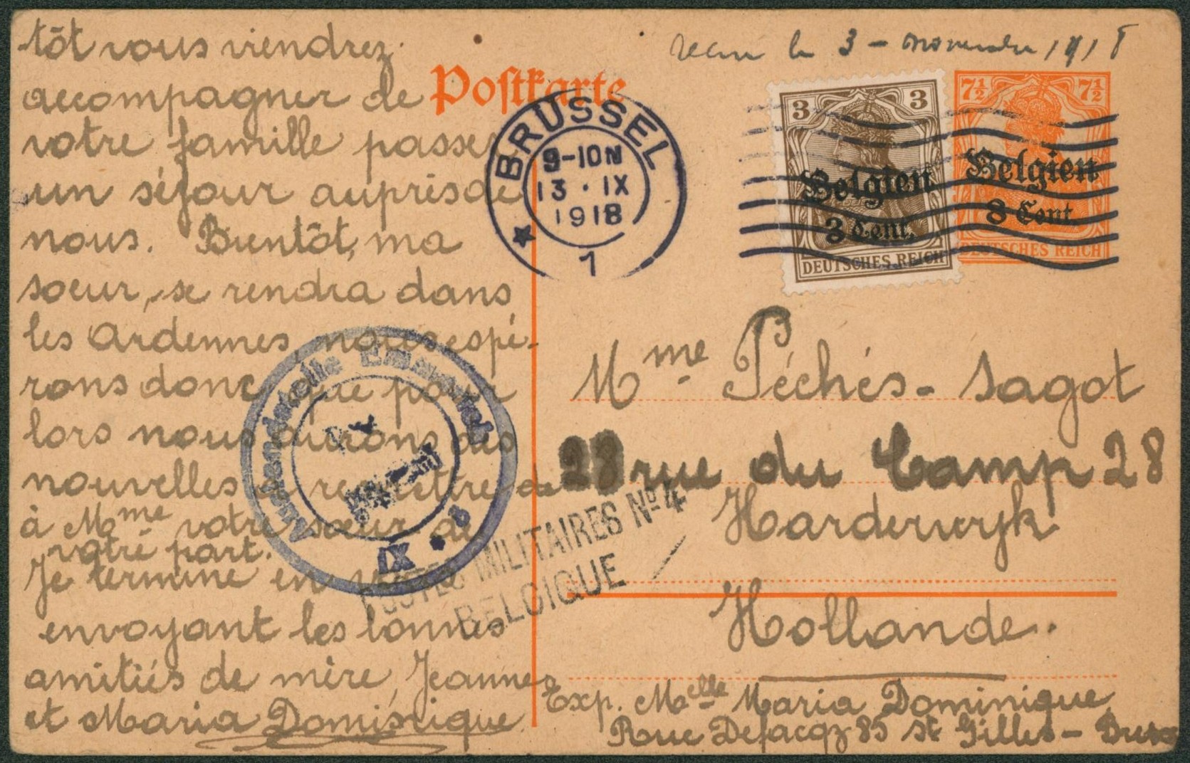 EP au type 8ctm orange + OC11 expédié de Bruxelles + censure et griffe POSTES MILITAIRES N°4 Belgique > Harderwijk (Hollande). 