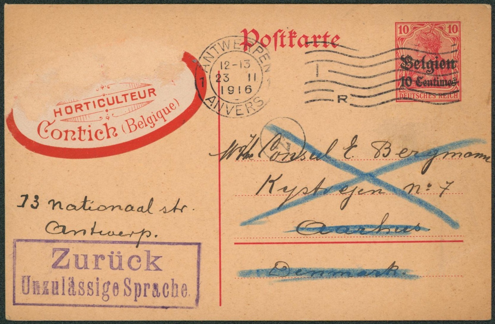 EP au type 10ctm rouge expédié de Antwerpen + vignette PUB (Horticulteur, contich) > Aarhus (Denmark, Danemark) + grande griffe ZURUCK (2L). 