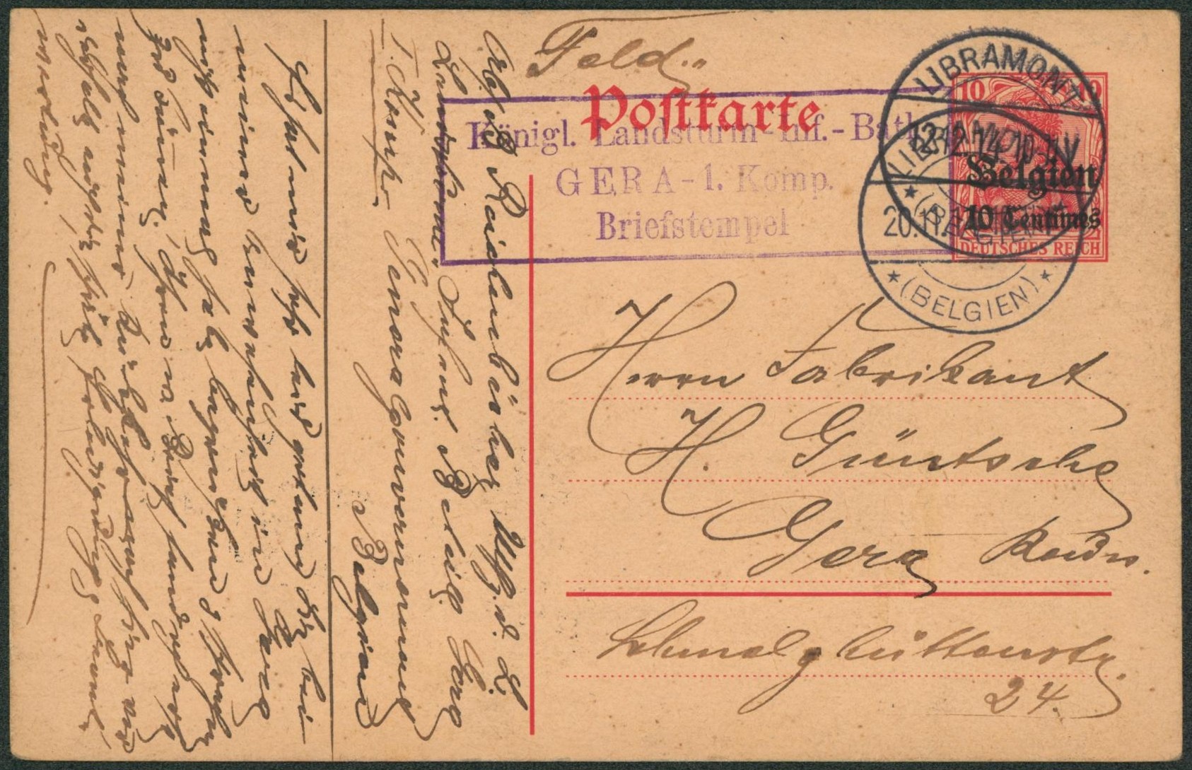 EP au type 10ctm rouge occupation obl à pont "Libramont" + Brieftempel encadré 3L (GERA- 1. Komp.) > Gera (Allemagne). Superbe"