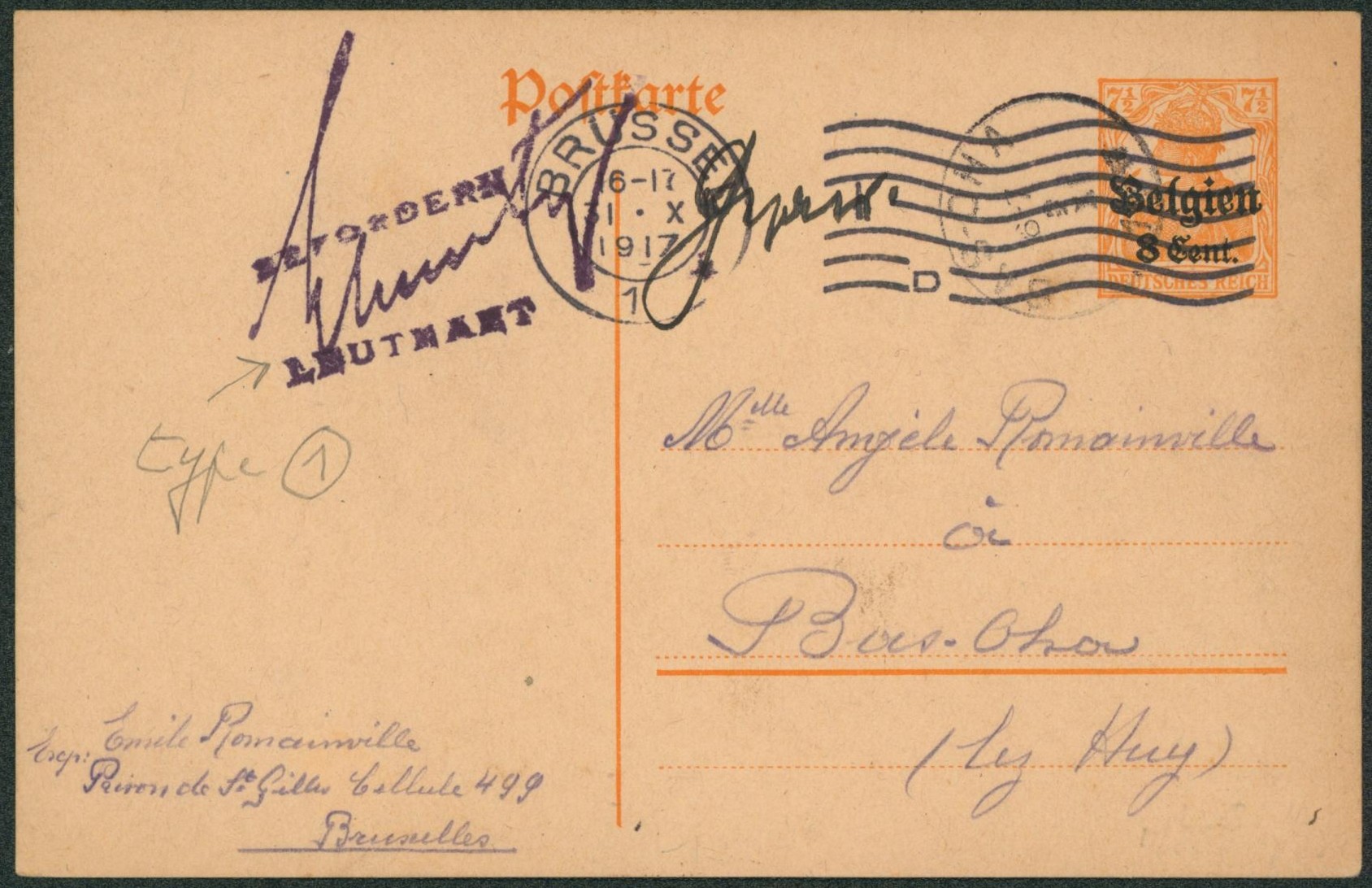 EP au type 8ctm orange occupation expédié d'un prisonnier à la prison de St-Gilles + paraphe de la prison ! > Bas-Oha (Lez-Huy) / Texte. 