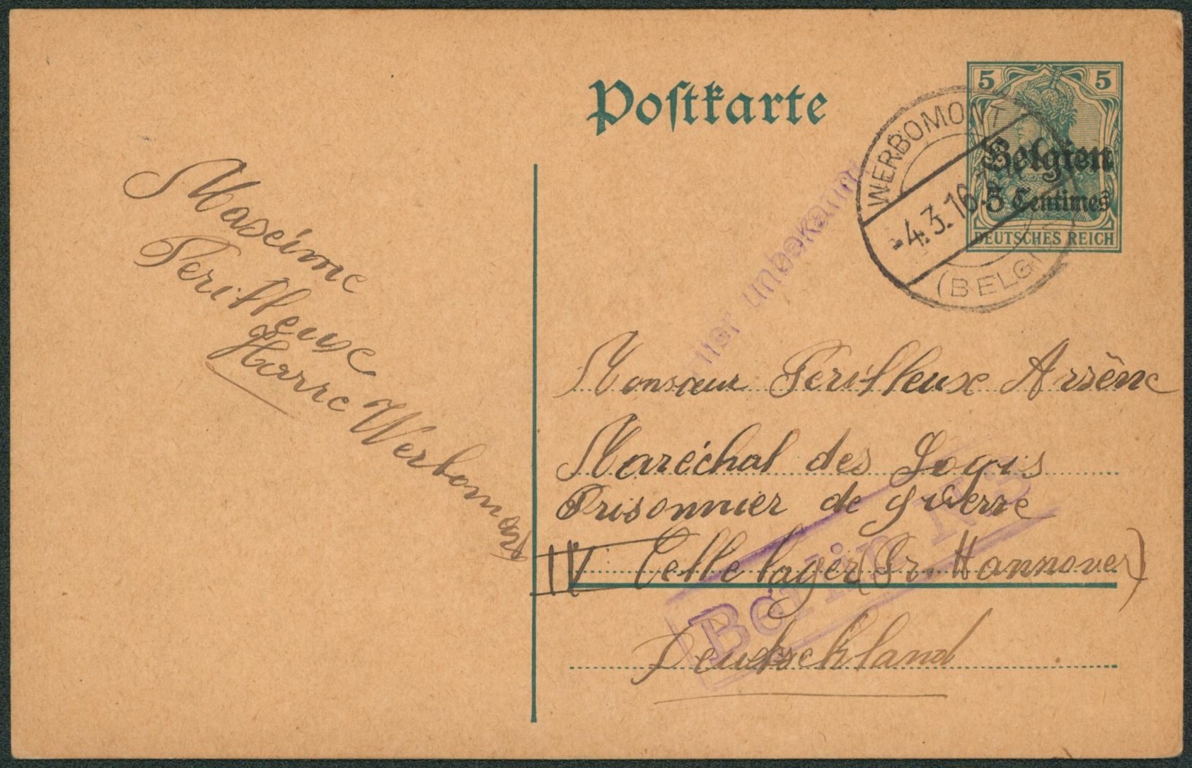 EP au type 5ctm vert obl à pont "Werbomont" > Maréchal des logis, prisonnier de guerre au camp Cellelager (Hannover, Allemagne). "