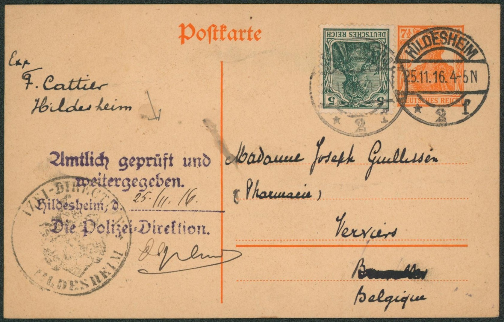 Allemagne - EP au type 7,5 M orange + 5Pf vert obl à pont "Hildesheim" (Polizei Direction) + cachet avec armoirie > Verviers. Texte"