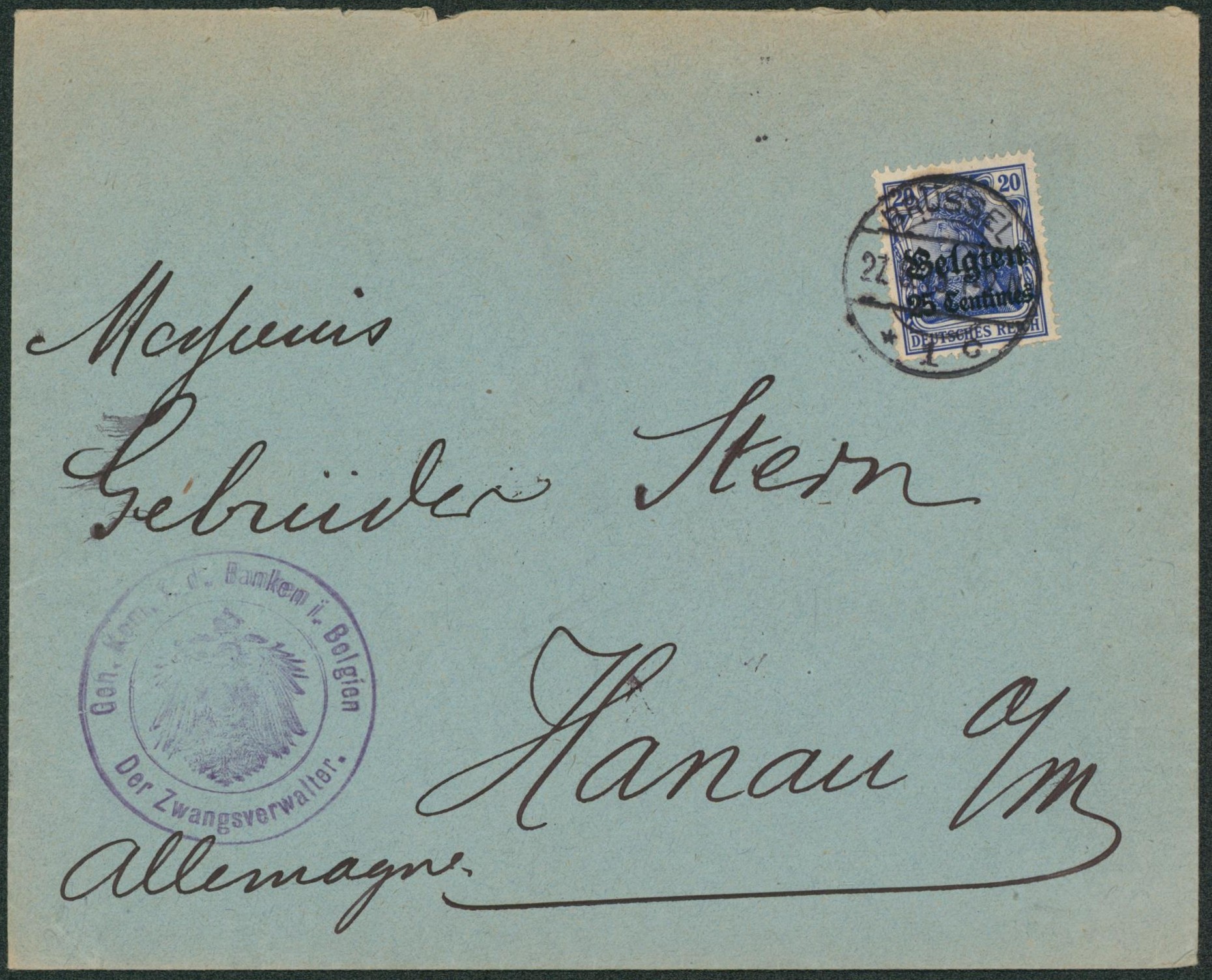 OC4 sur lettre obl à pont "Brussel" + cachet spécial "Gen. Kom. K.D. Banken i. Belgien / Der Zwangsverwalter". > Hanau (Allemagne). "