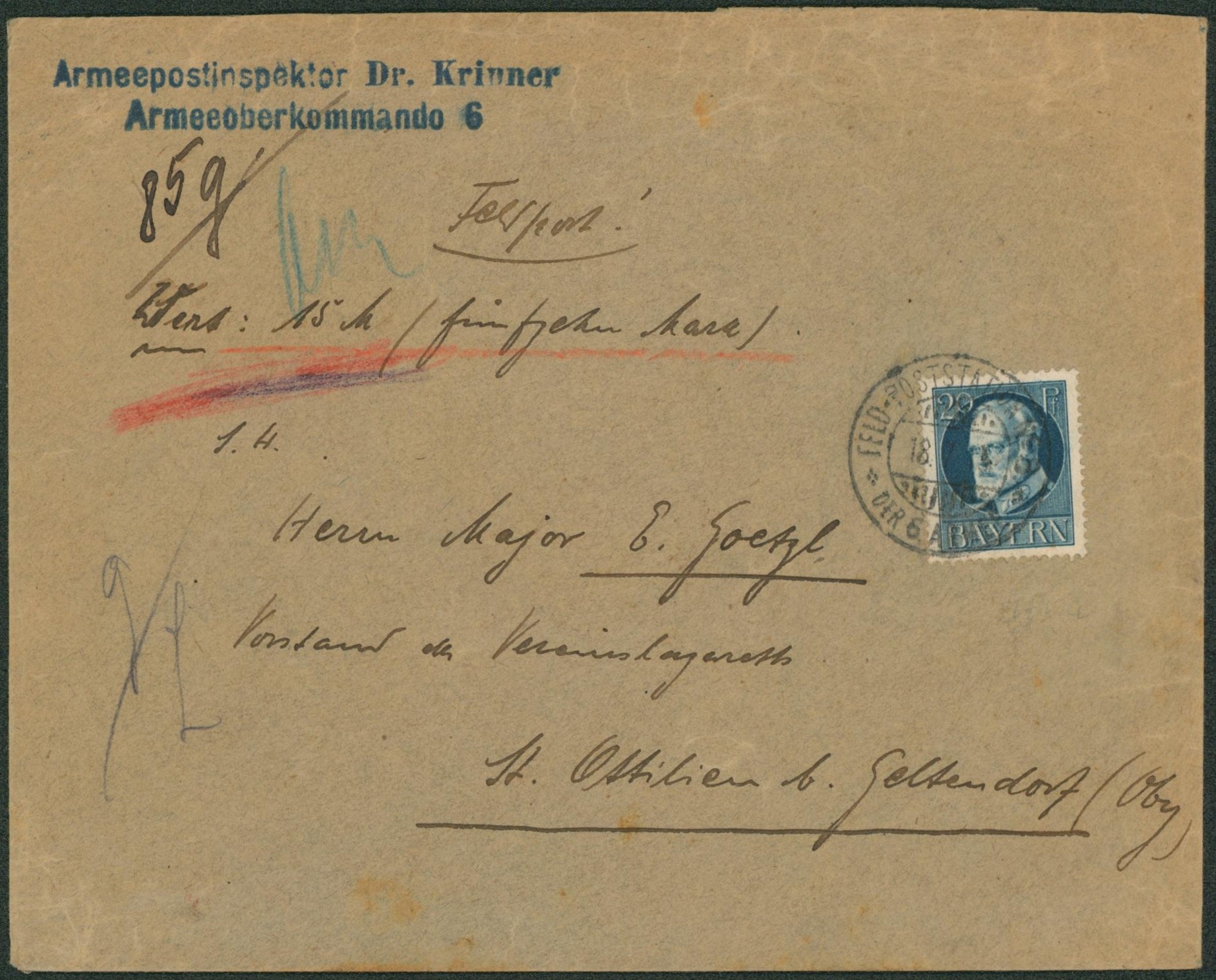 Bavière - Occupation du nord de la France çàd 20Pf sur L. pesante (85g) obl à pont "Feld-poststation / Der 6e arme" (Armeepostinspektor Dr. Krinner, Armeeoberkommando 6) > Allemagne. "