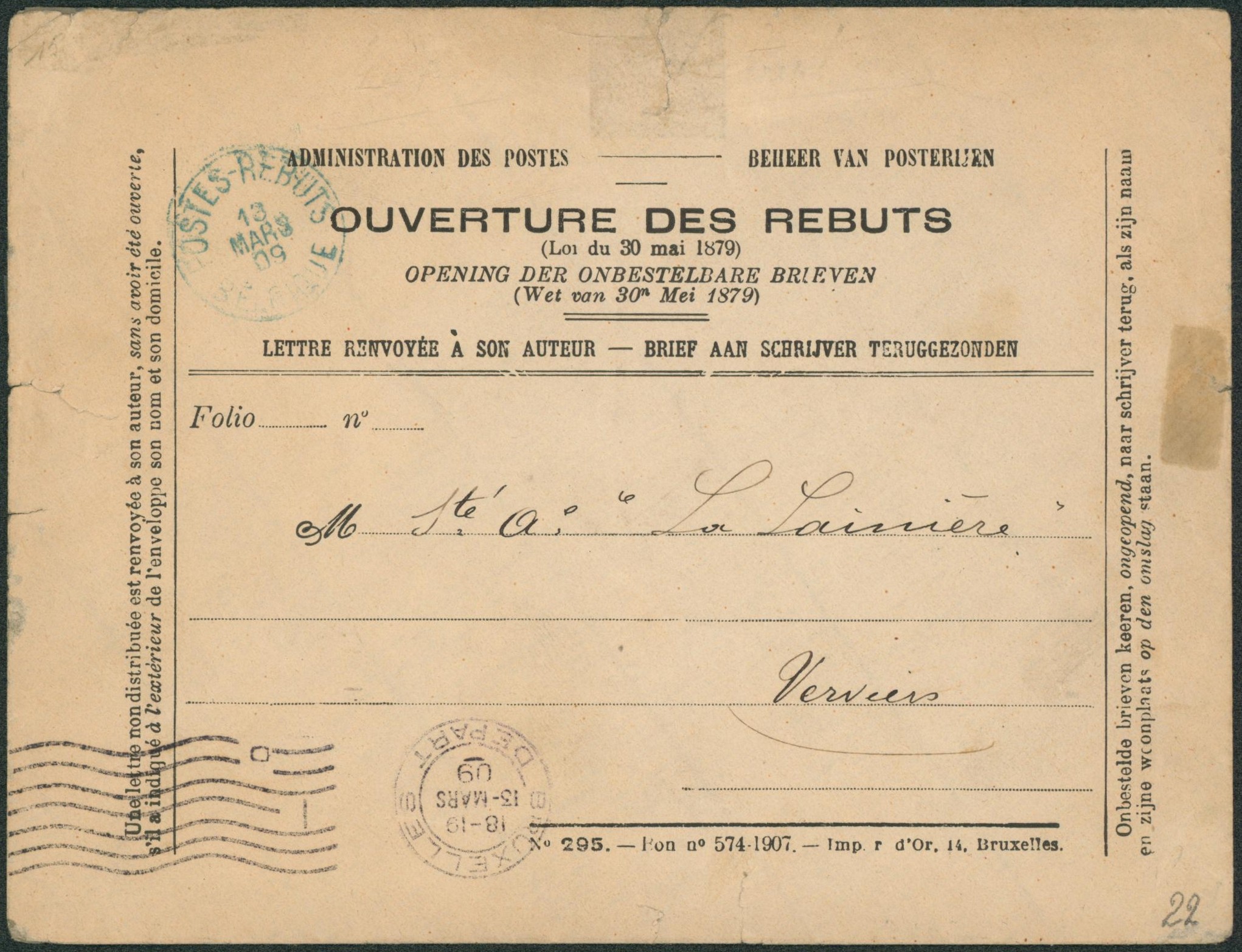 Administration des postes - Ouverture des Rebuts (n°295), cachet bleu "Postes-Rebuts / Belgique" > Verviers. "