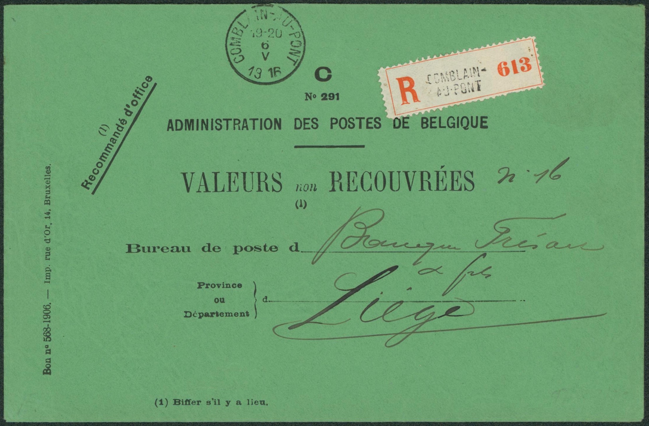 Administration des postes - Valeurs à recouvrées (n°291, type C), en recommandé de Comblain-Au-Pont > Liège 