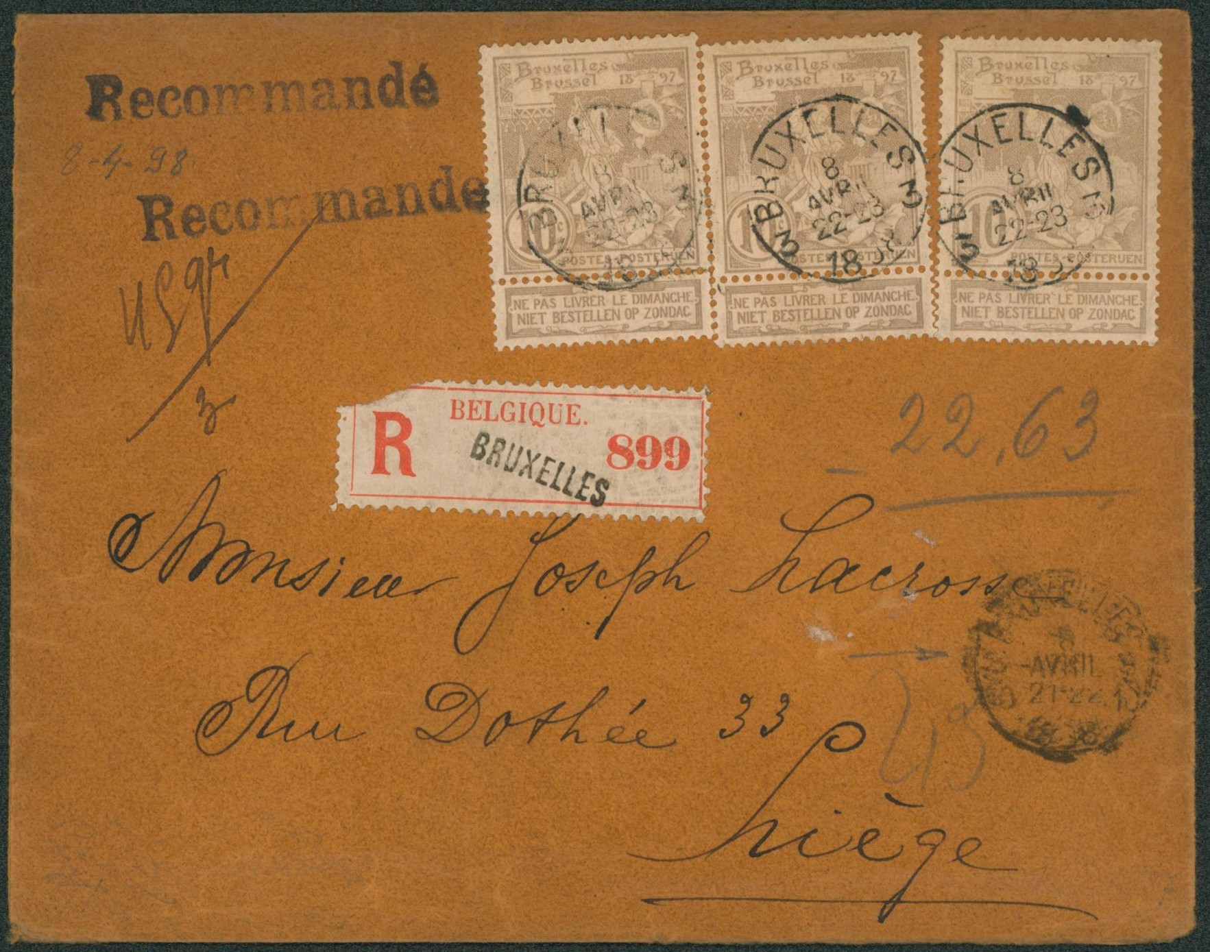 n°71 et 72 x5 sur lettre en recommandé (45g, triple port) de Bruxelles > Liège. 