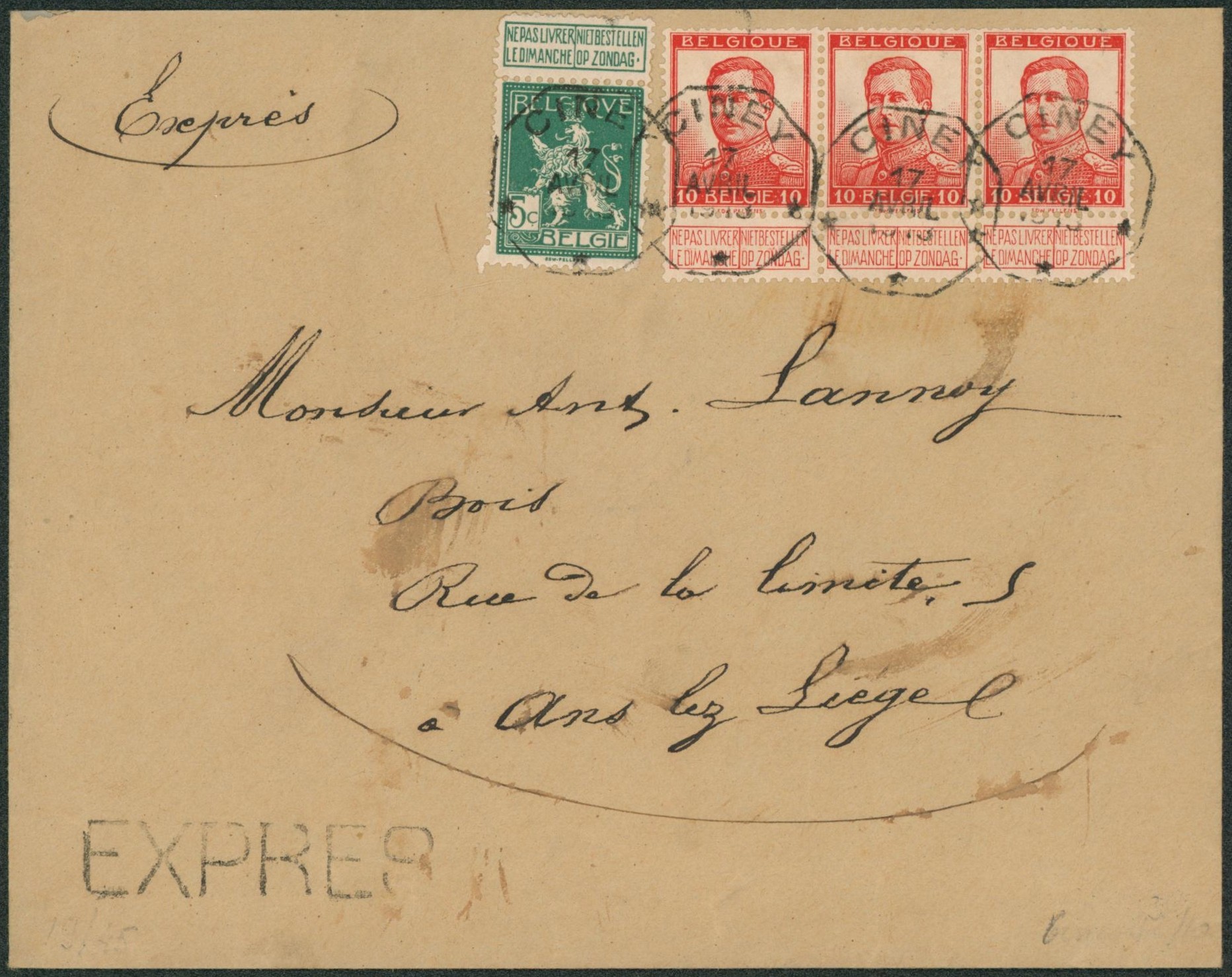 n°110 et 118 en bande de 3 sur lettre en expres çàd obl télégraphique "Ciney" > Ans-lez-liège"