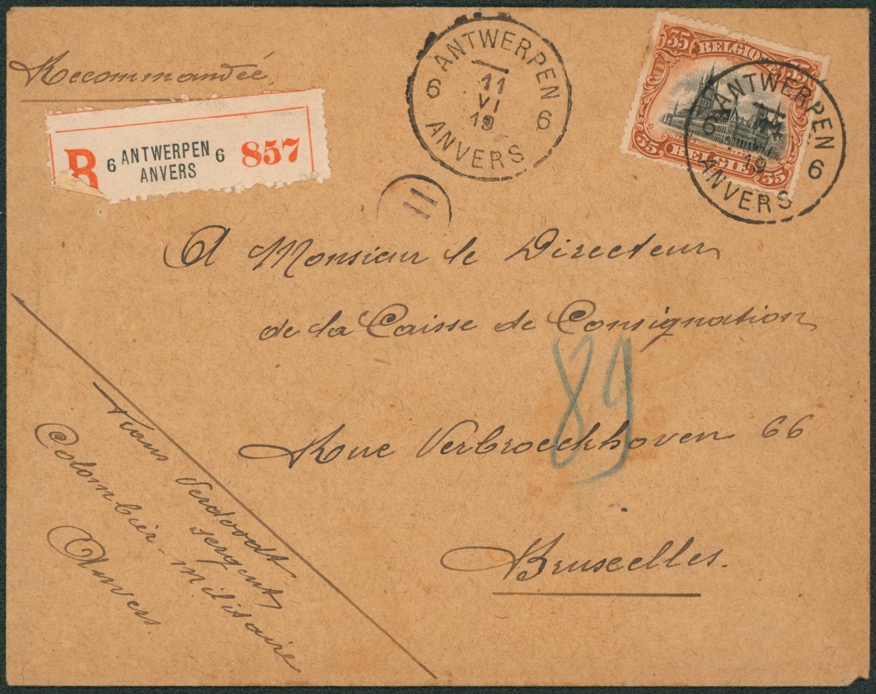 Albert I - n°142 sur lettre en recommandé de Antwerpen / Anvers 6 > Bruxelles. Colombier militaire 