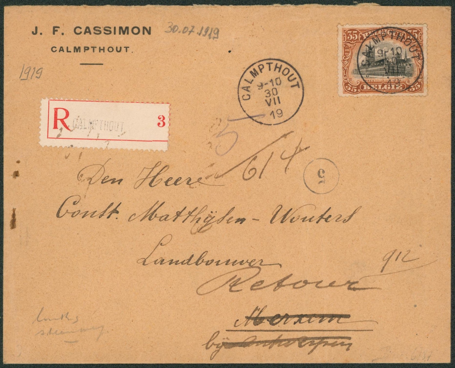 Albert I - n°142 sur lettre en recommandé de Calmpthout (1919) > Merxem, recherche, retour. 